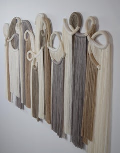 48"x30" Ceramic & Fiber Wall Sculpture in White, Grey, Tan w/ Cotton Fringe