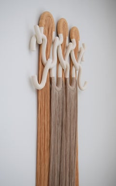 Ceramic and Fiber Wall Sculpture #826 - White Unglazed Clay with Cotton Fringe