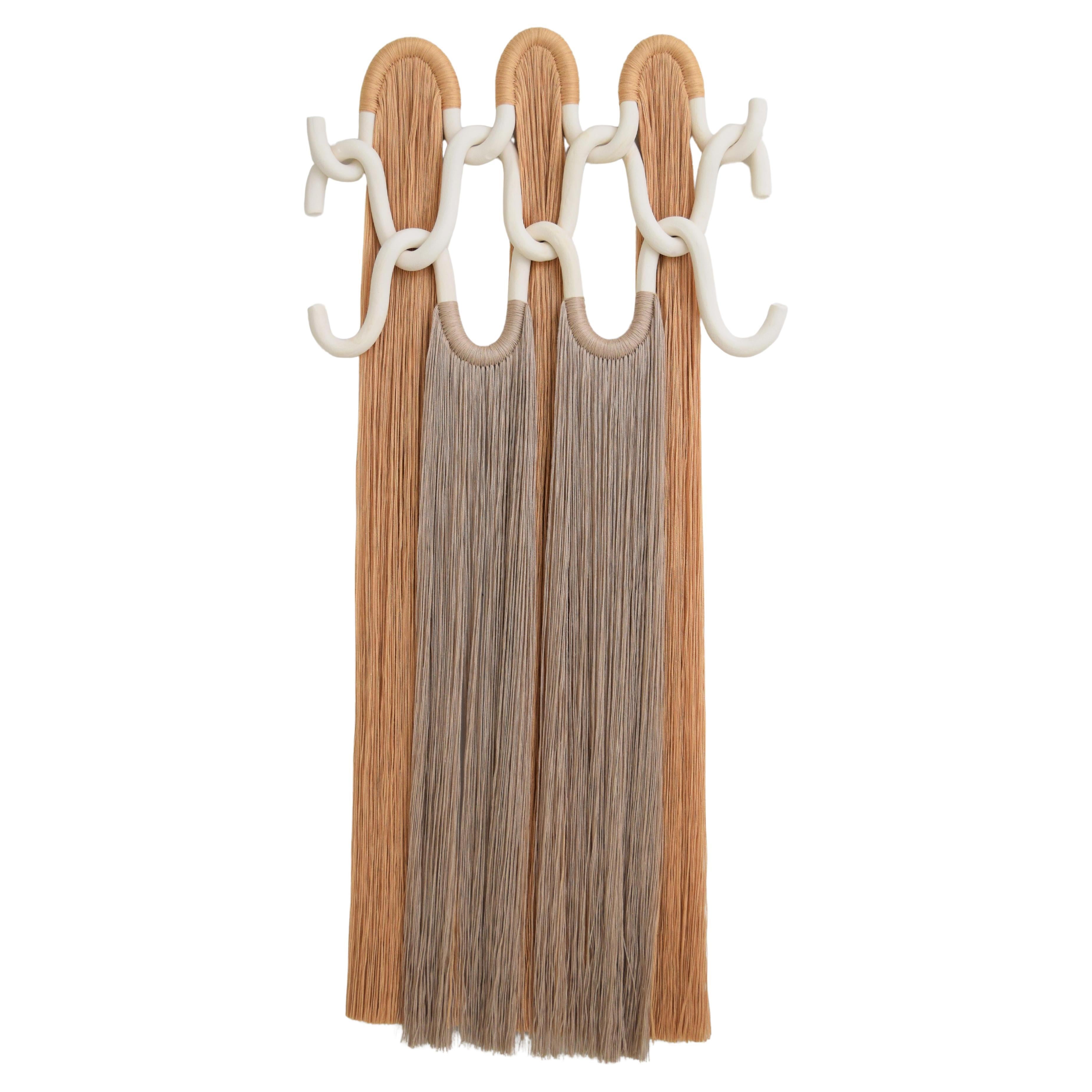 Ceramic and Fiber Wall Sculpture #826 - White Unglazed Clay with Cotton Fringe