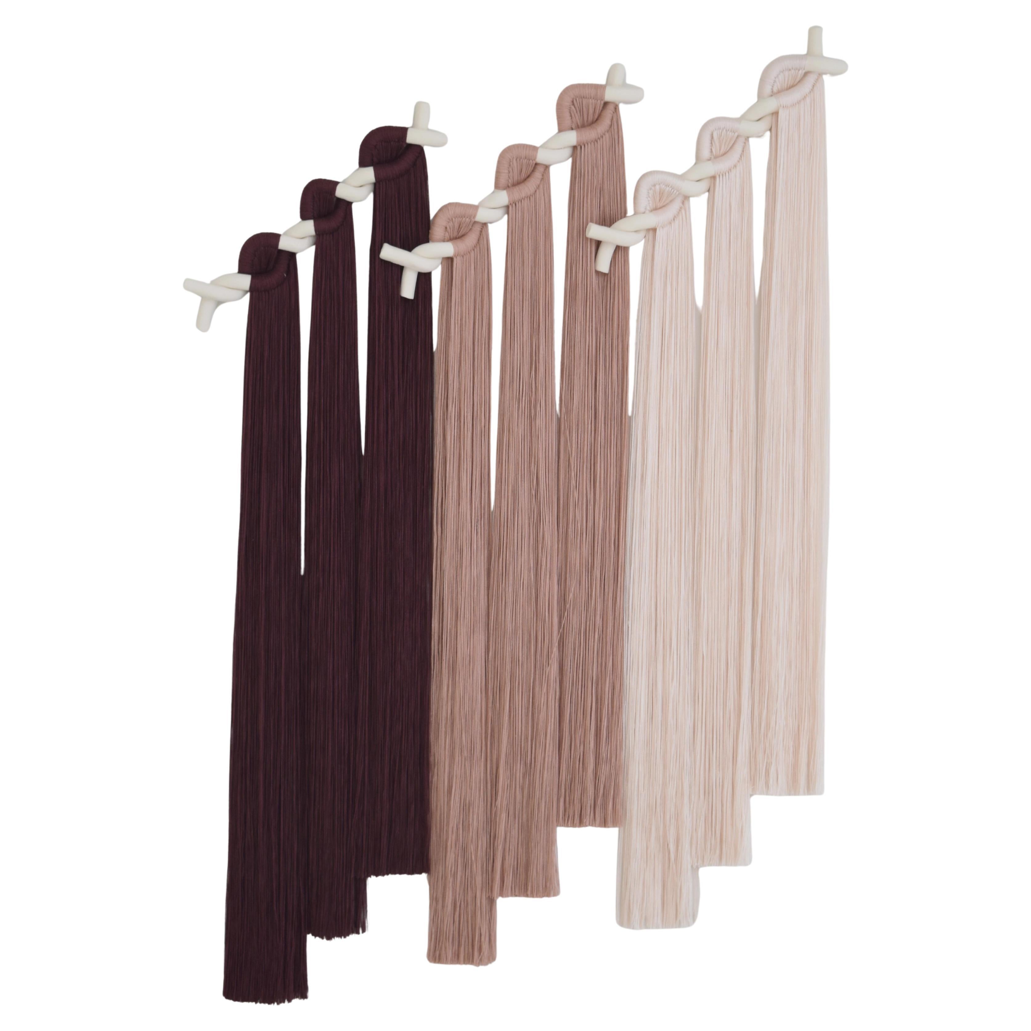 Ceramic and Fiber Wall Sculpture #827 - White Clay with Pink & Burgundy Fringe