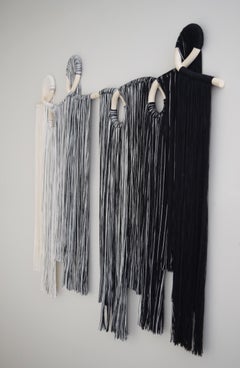 Ceramic and Fiber Wall Sculpture #839 - White Unglazed Clay, Ombre Cotton Fringe