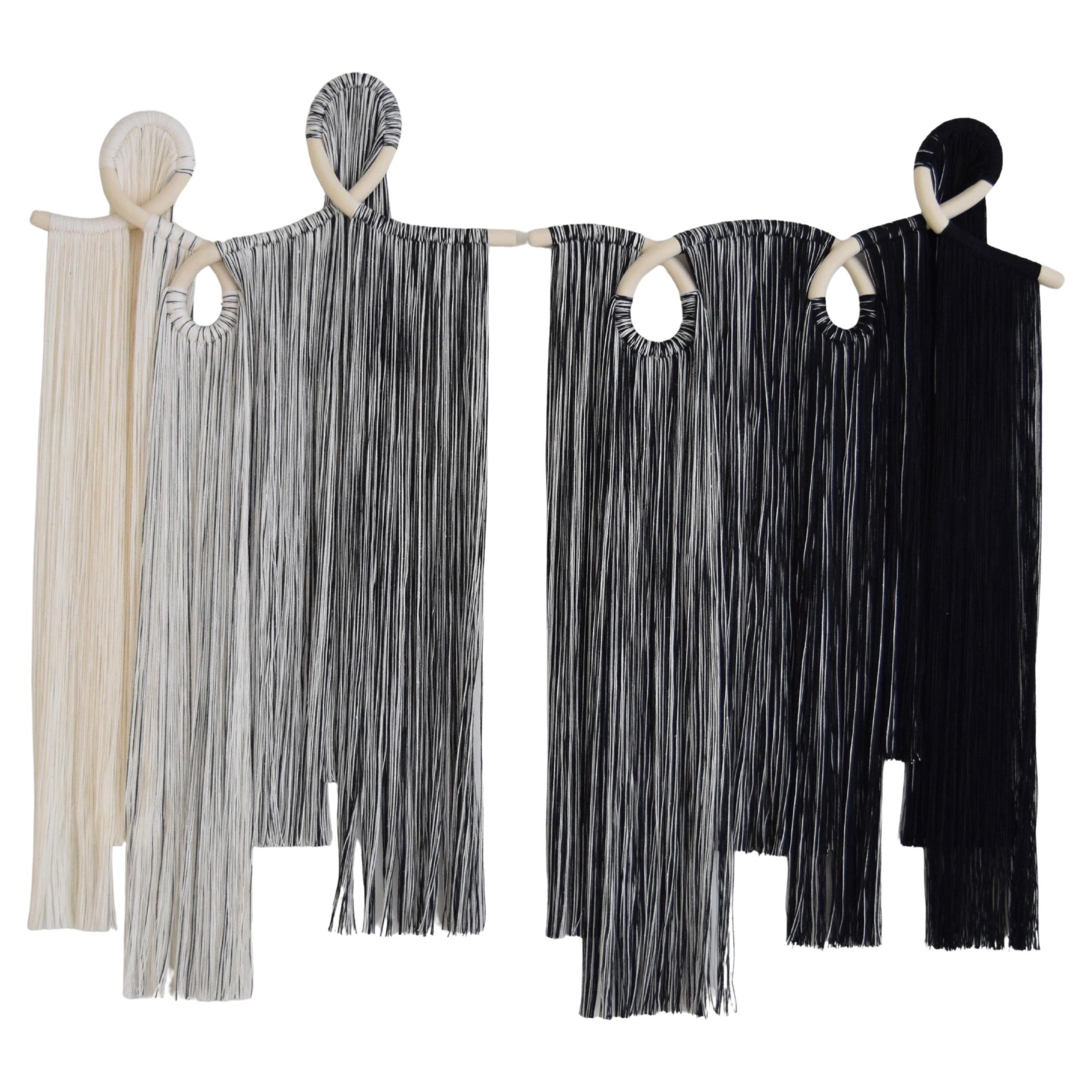 Ceramic and Fiber Wall Sculpture #839 - White Unglazed Clay, Ombre Cotton Fringe