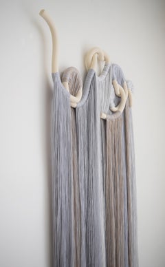 Ceramic and Fiber Wall Sculpture #840 - White Clay; Lavender, Tan, White Fringe