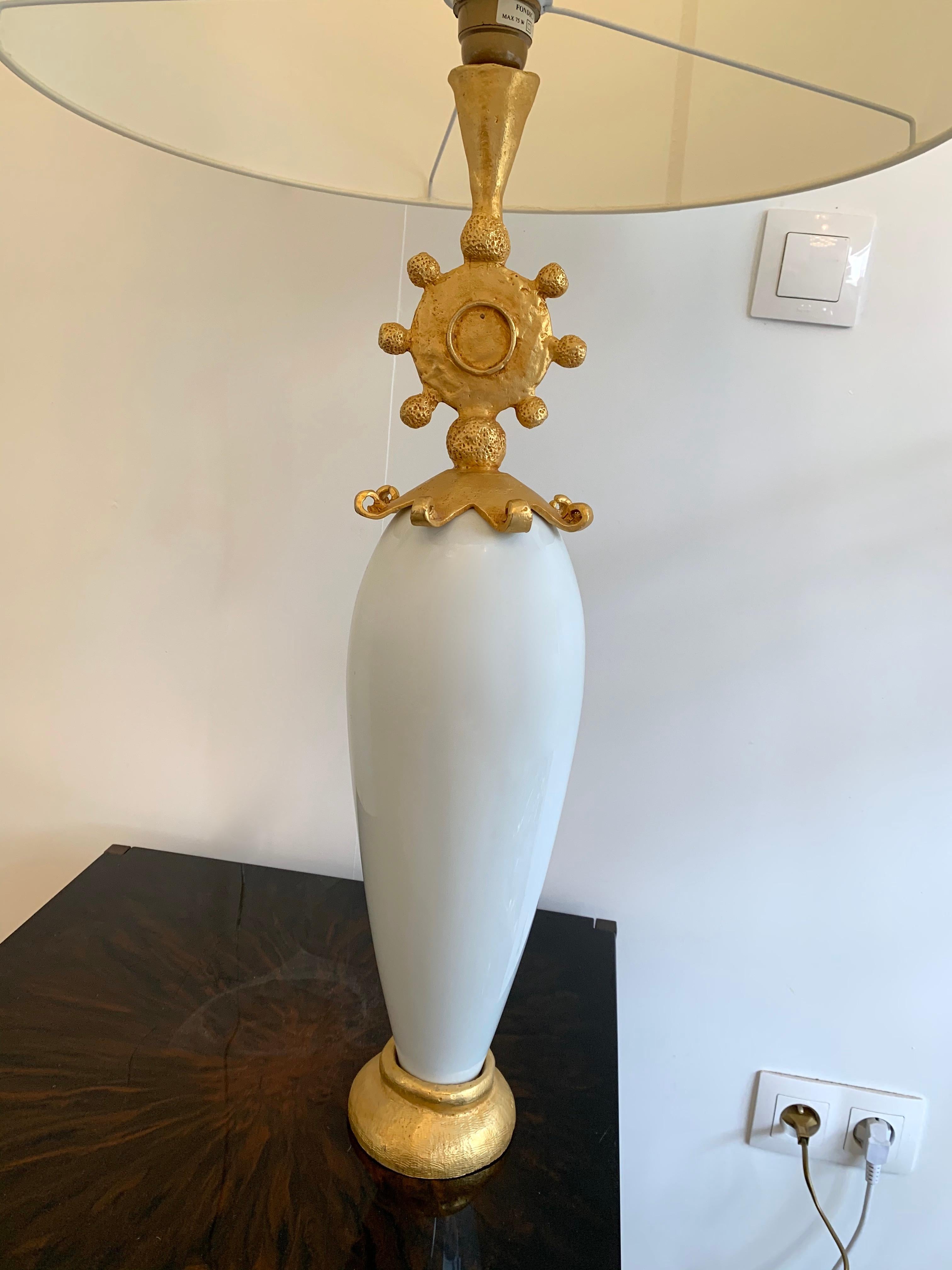 Mid-Century Modern Ceramic and Gilt Metal Sun Lamp by Pierre Casenove for Fondica, France, 1990s For Sale