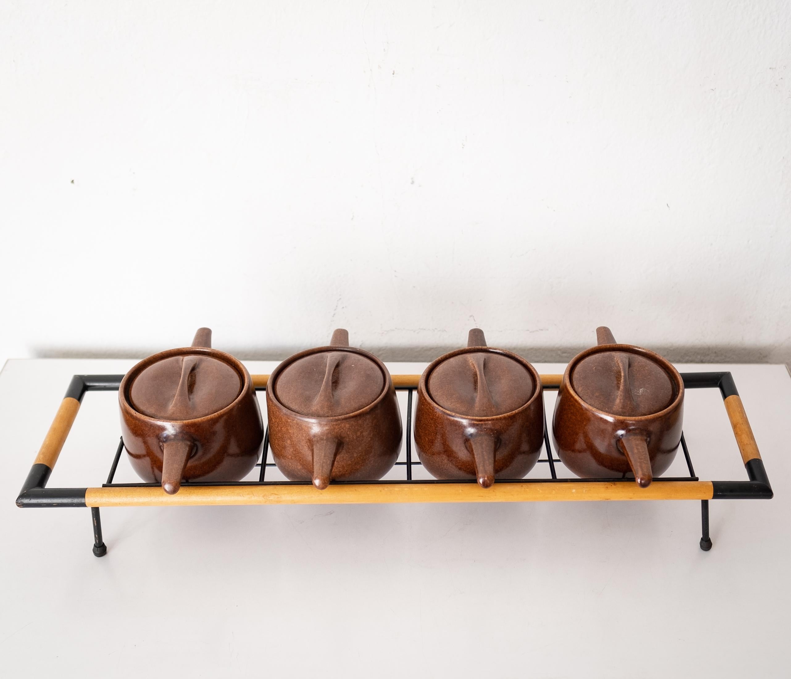 Mid-Century Modern Ceramic and Iron Ben Seibel Raymor Pots and Stand 1950s For Sale