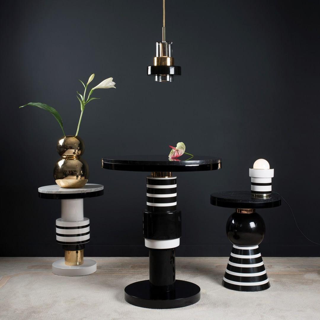Materials: Ceramic, marble, wood, aluminium
Dimensions: H 45 cm Ø 35 cm
Marble top: Nero Marquina/Arabescato Carrara
Custom piece: Gold/silver/copper/black/white.


Eric Willemart overthrows design codes with its evolutive system composed
of