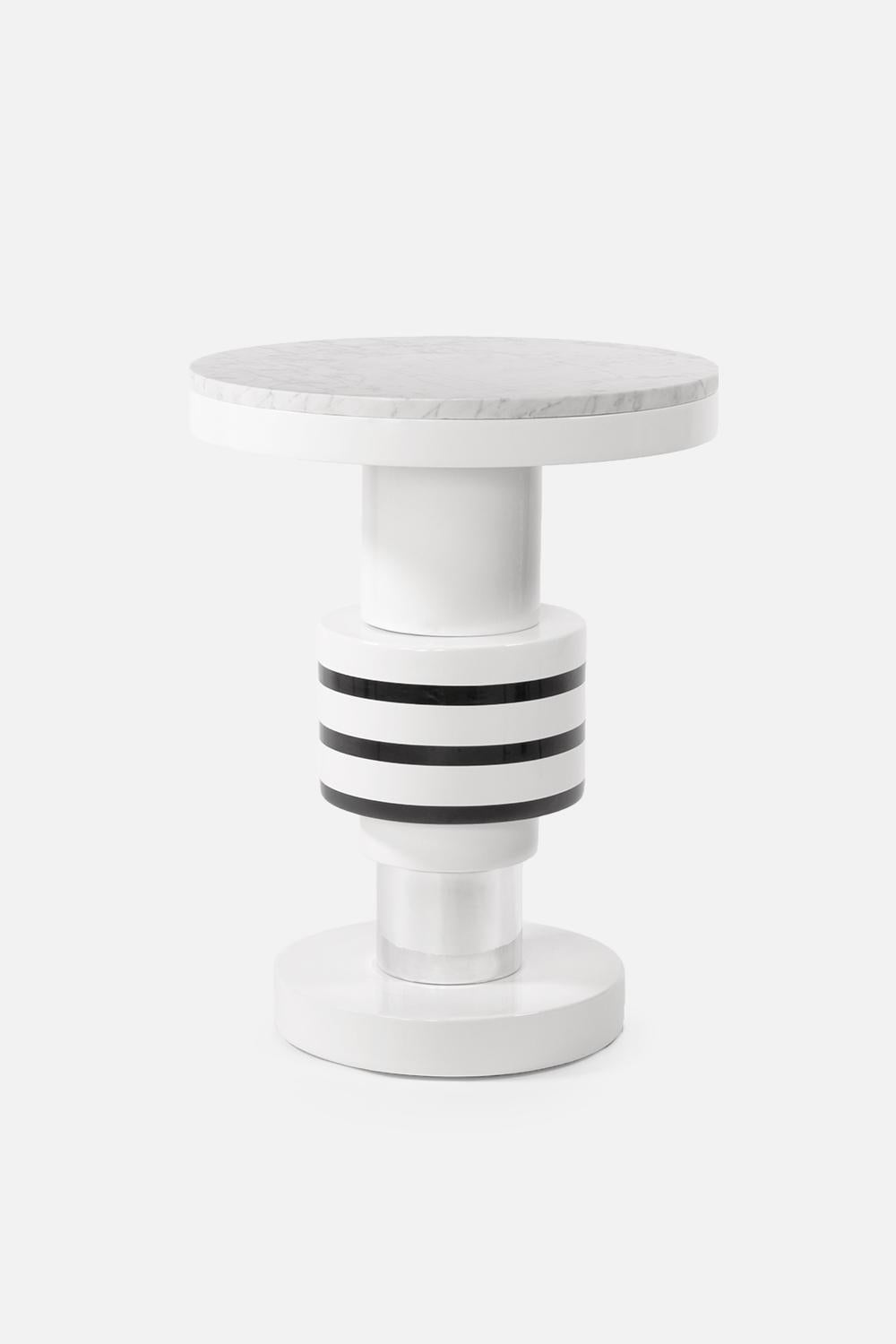 Ceramic and marble side table by Eric Willemart

Materials: Polished Carrara marble plate embedded in a white lacquered wooden tray.
Body materials: Handcrafted ceramic glazed in black, white and silver finishes.
Base materials: White lacquered