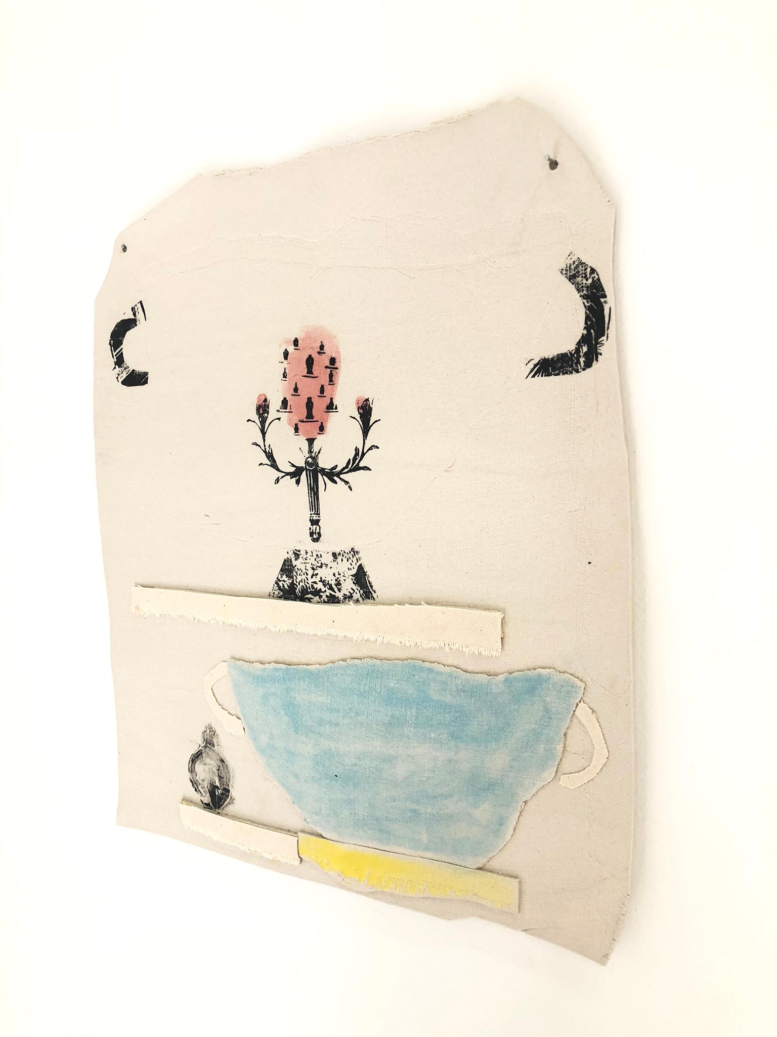 This ceramic and mixed-media vase collage by Alison Owen is a playful yet elegant wall piece made from thin slabs of white stoneware paper clay and mixed-media. The piece is layered with clay and canvas cut-outs, screen printed underglaze and