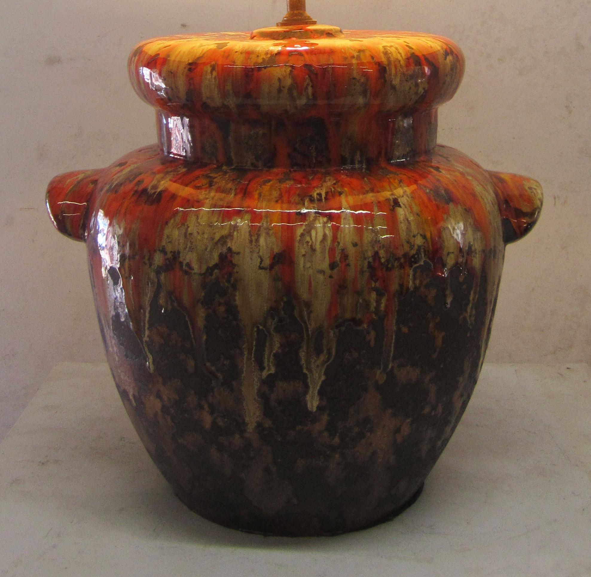 French Ceramic and Orange Glaze Drip Lamp