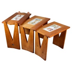 Ceramic and solid oak nesting tables by Guillerme & Chambron, France, 1960s