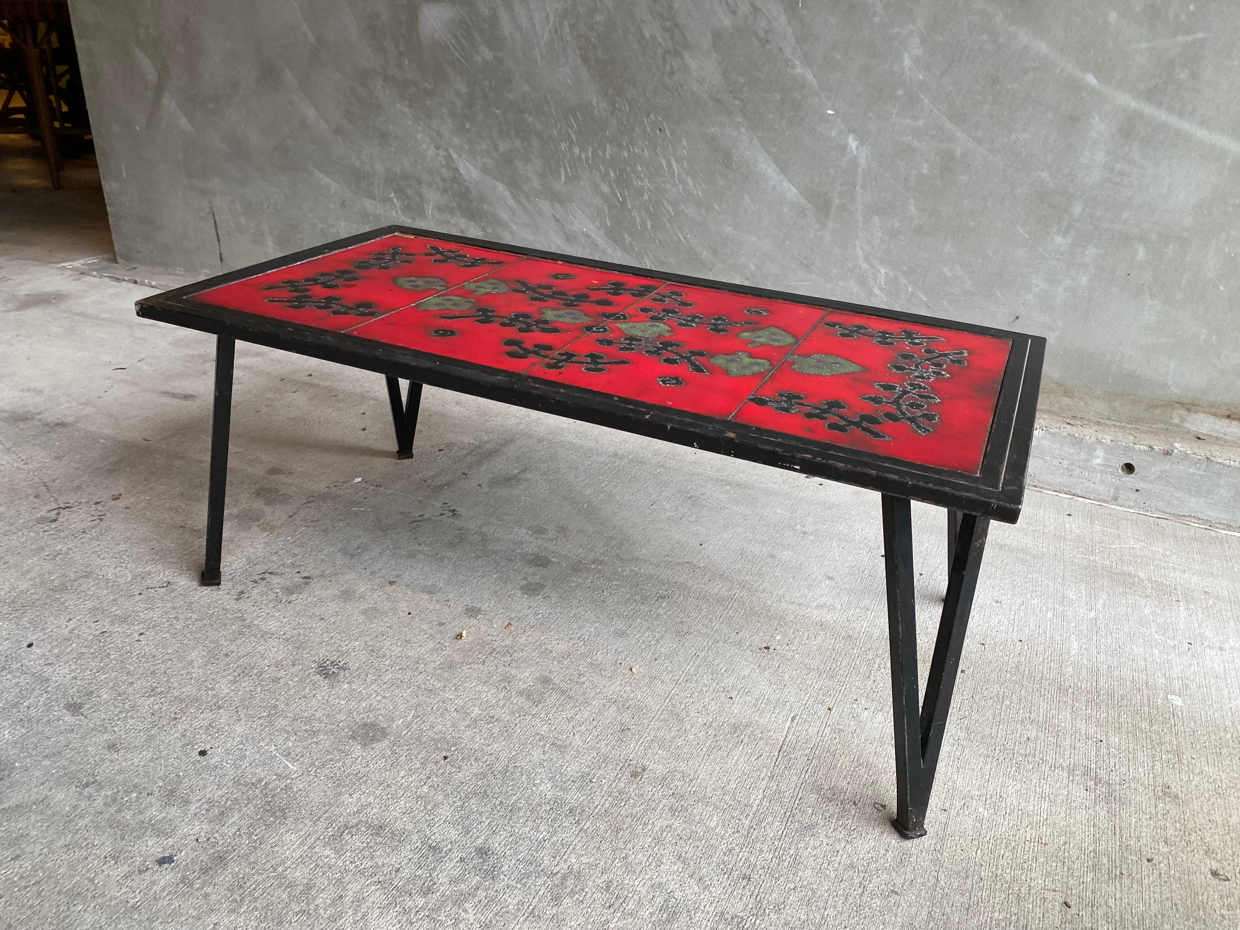 French Ceramic and Steel Cocktail Table, Style of Adnet & Carbonelle, France, 1950's