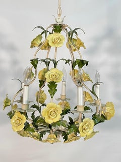 Ceramic and Tole Floral Rose 5 Arm Chandelier