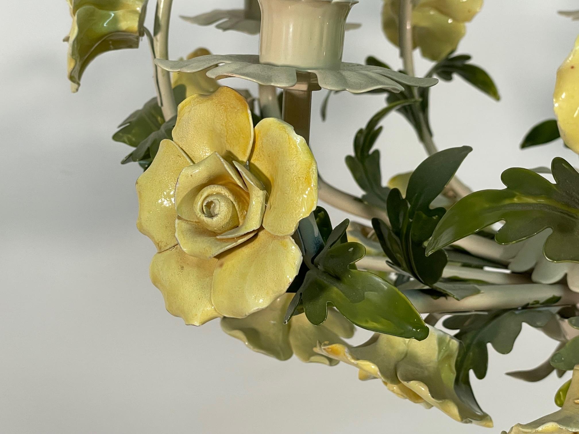 Hollywood Regency Ceramic and Tole Floral Rose 5 Arm Chandelier