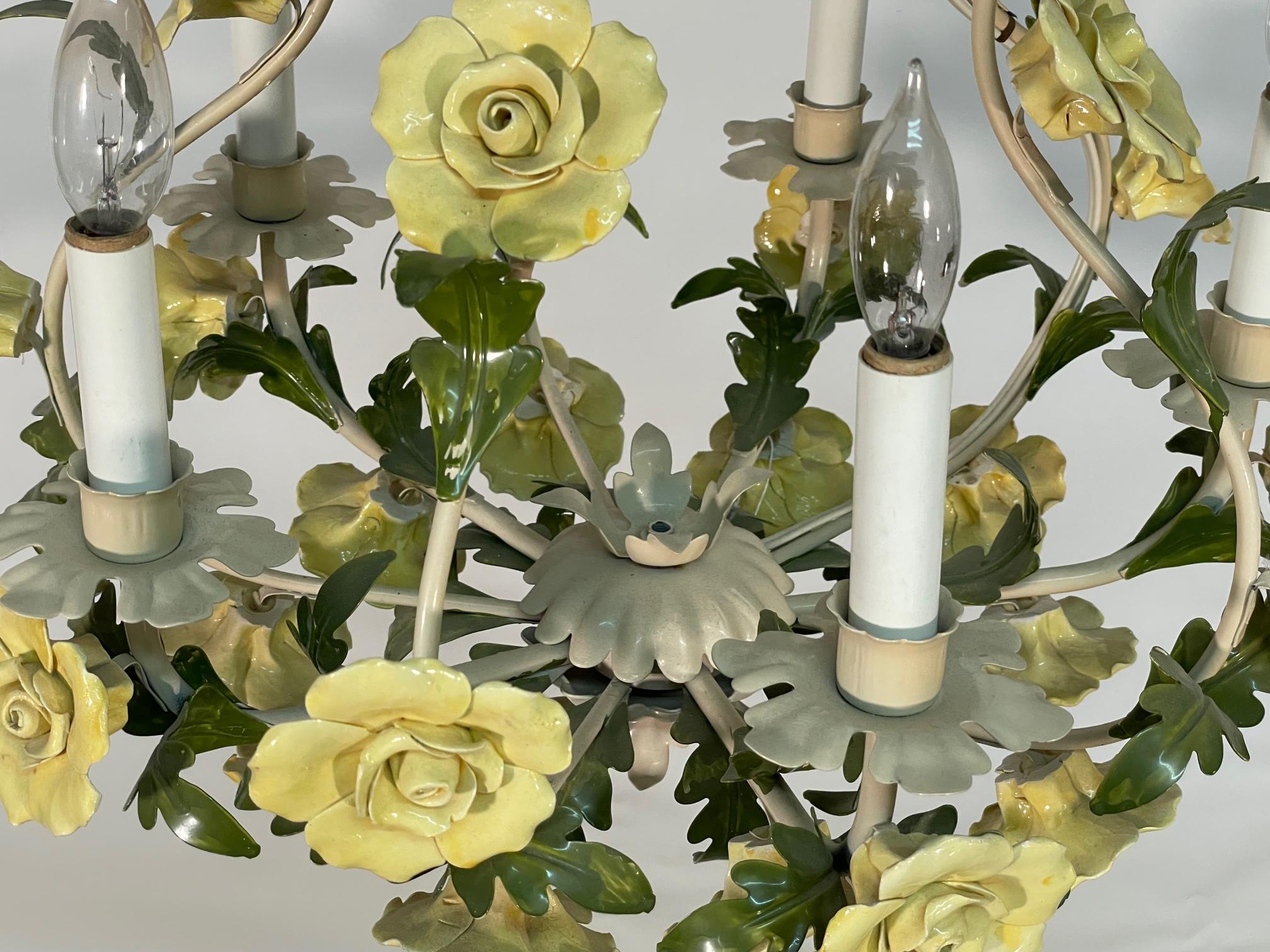 Mid-20th Century Ceramic and Tole Floral Rose 5 Arm Chandelier