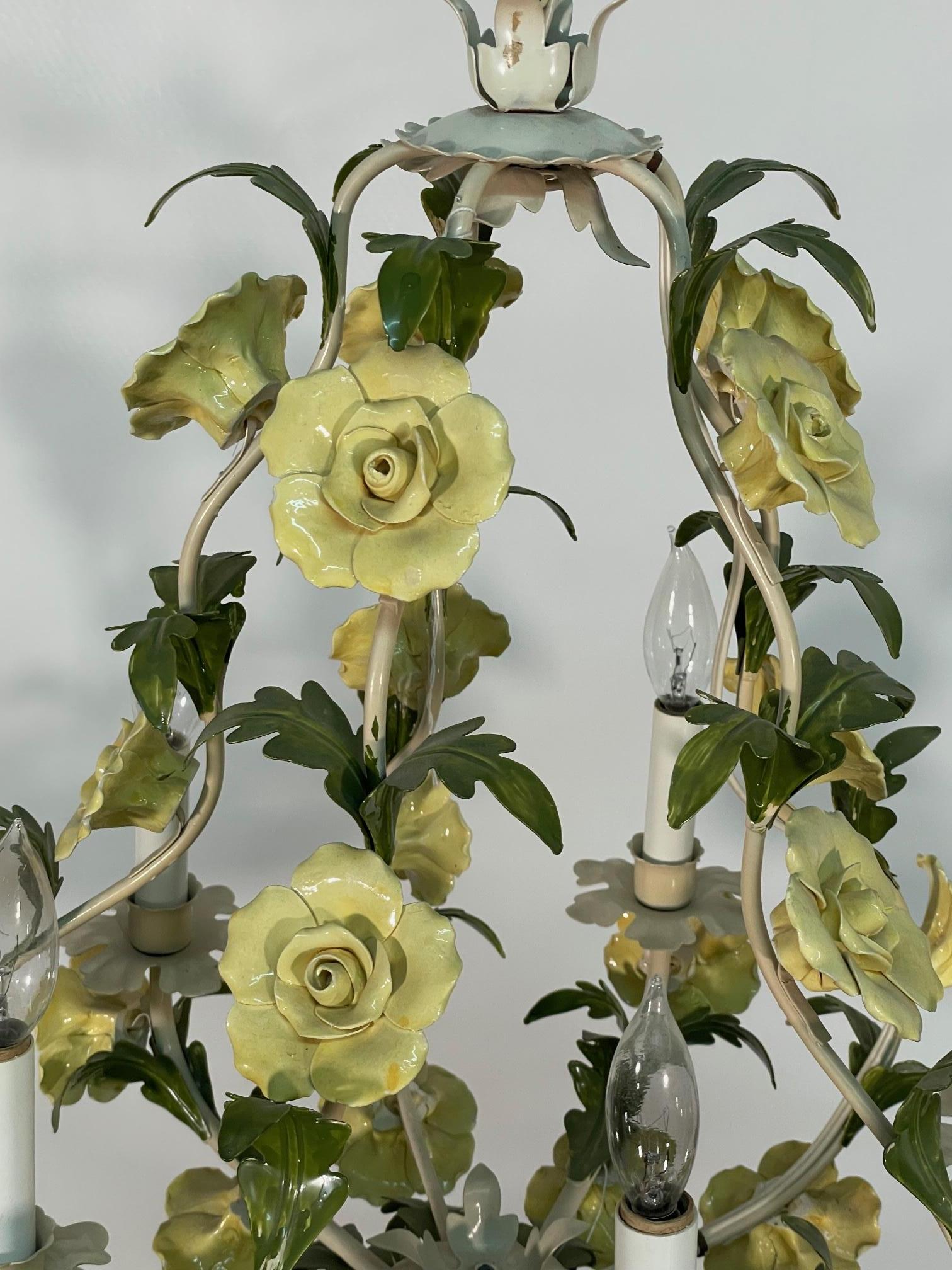 Metal Ceramic and Tole Floral Rose 5 Arm Chandelier