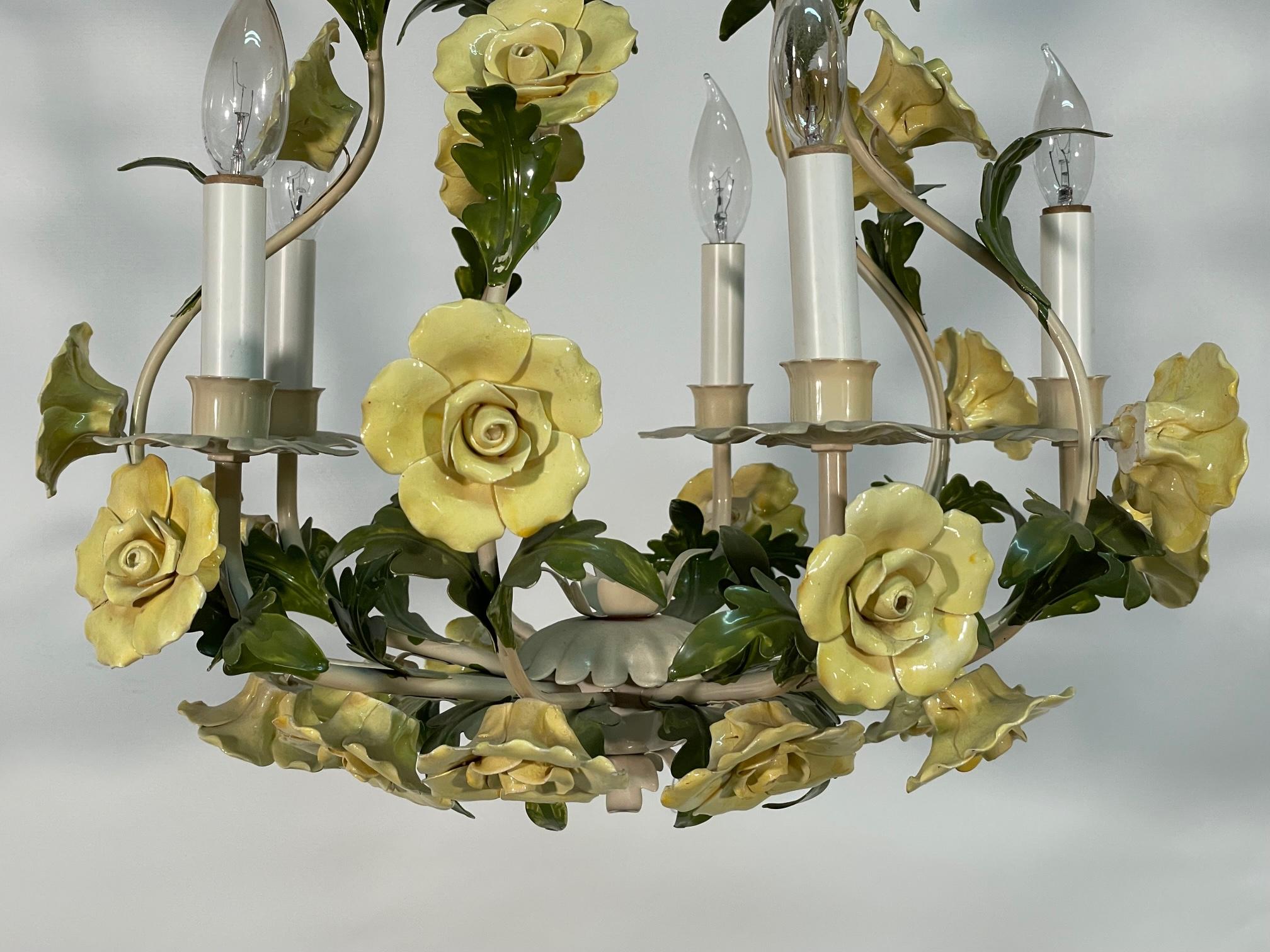 Ceramic and Tole Floral Rose 5 Arm Chandelier 1