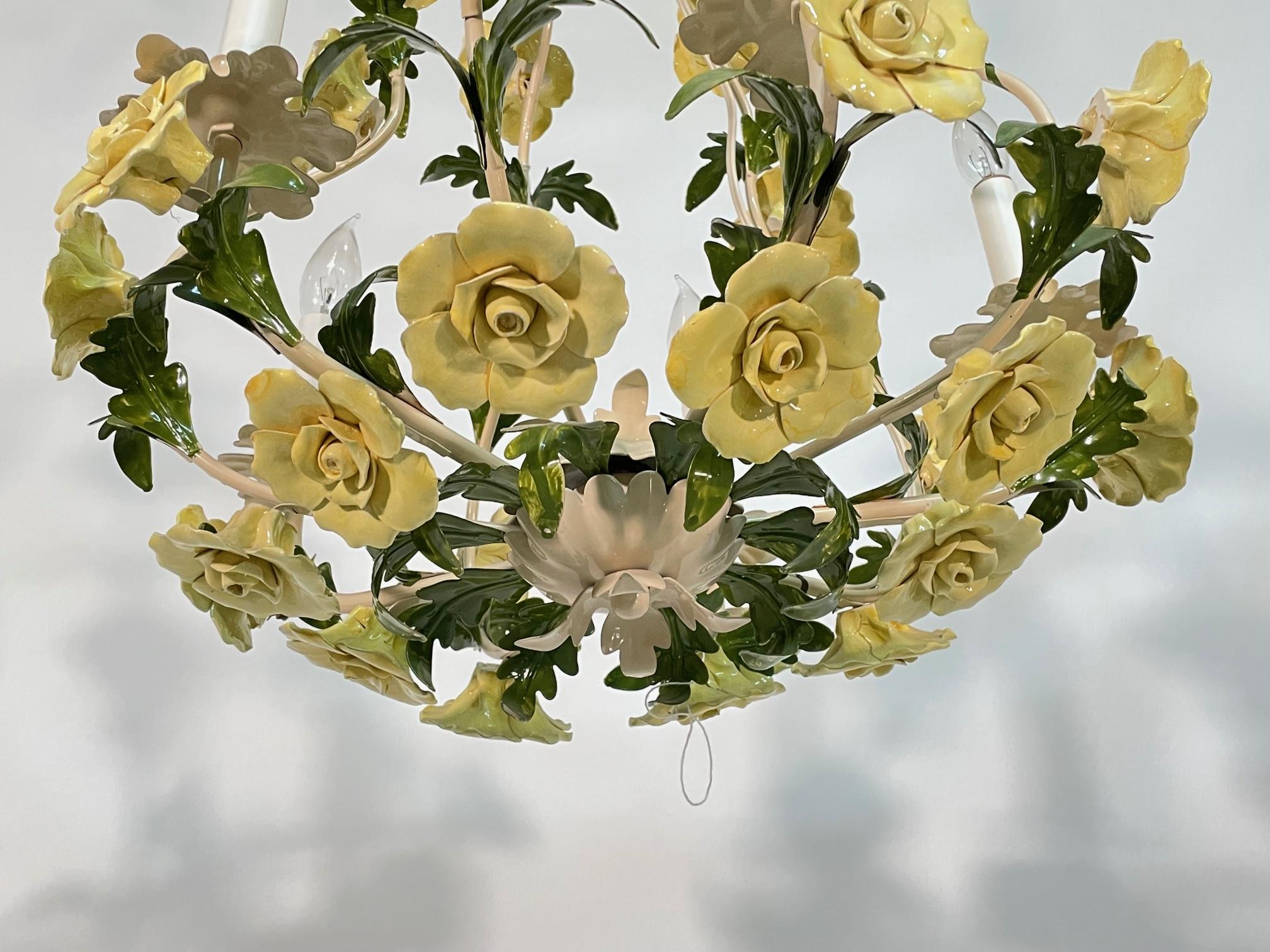 Ceramic and Tole Floral Rose 5 Arm Chandelier 2