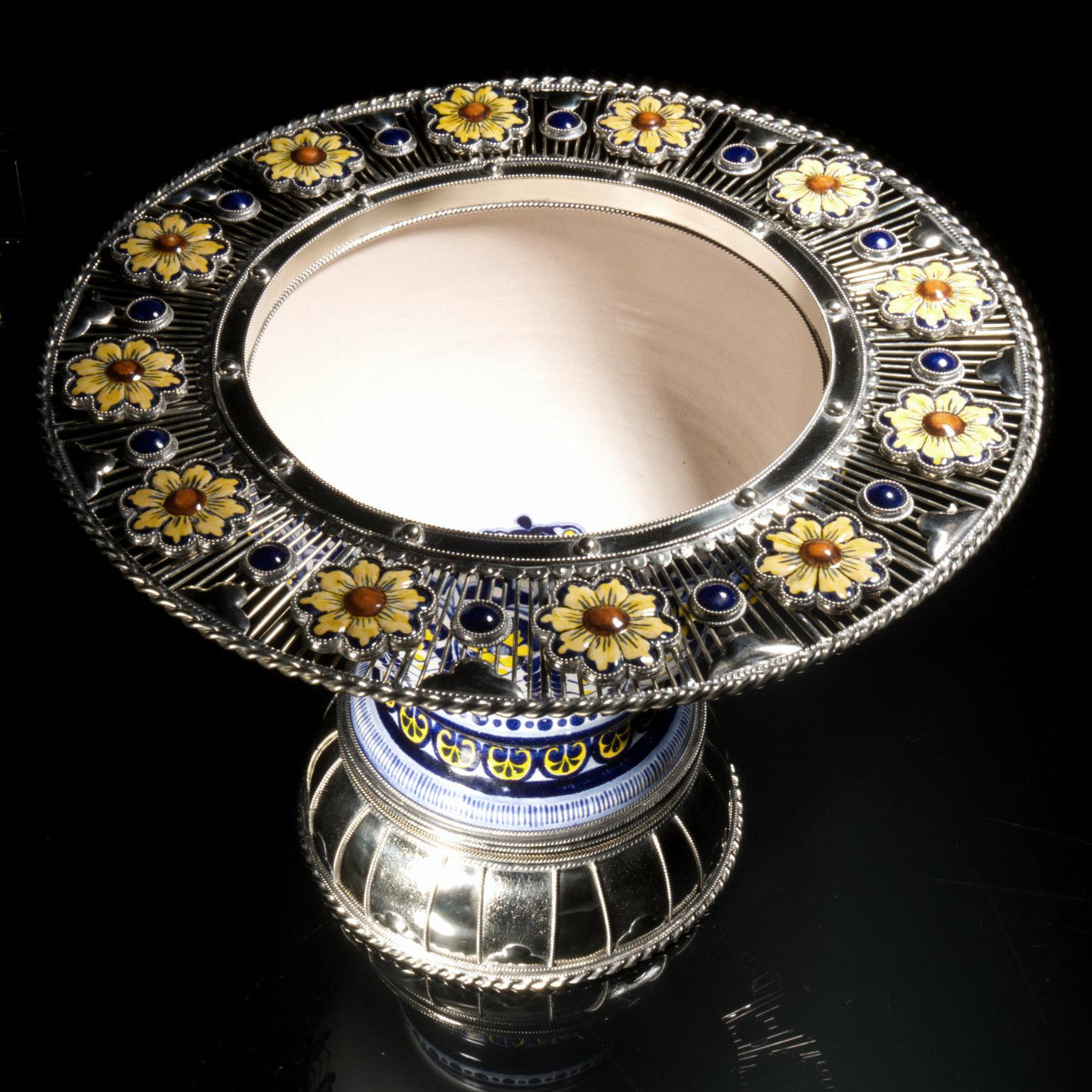 Mexican Ceramic and White Metal 'Alpaca' flowers Bowl Centerpiece