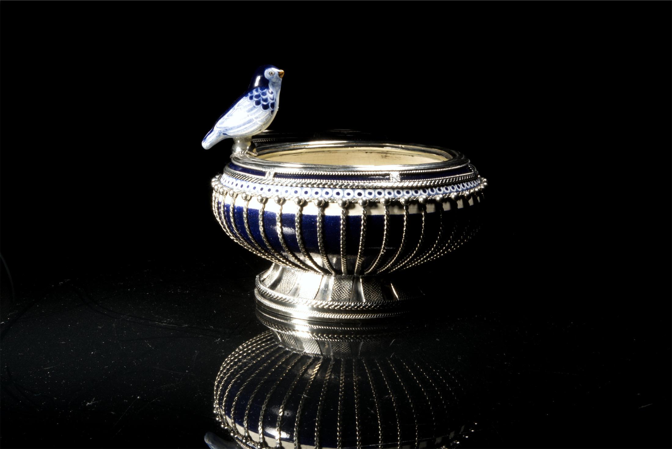 Baroque Revival Ceramic and White Metal 'Alpaca' Bird Bowl Centerpiece