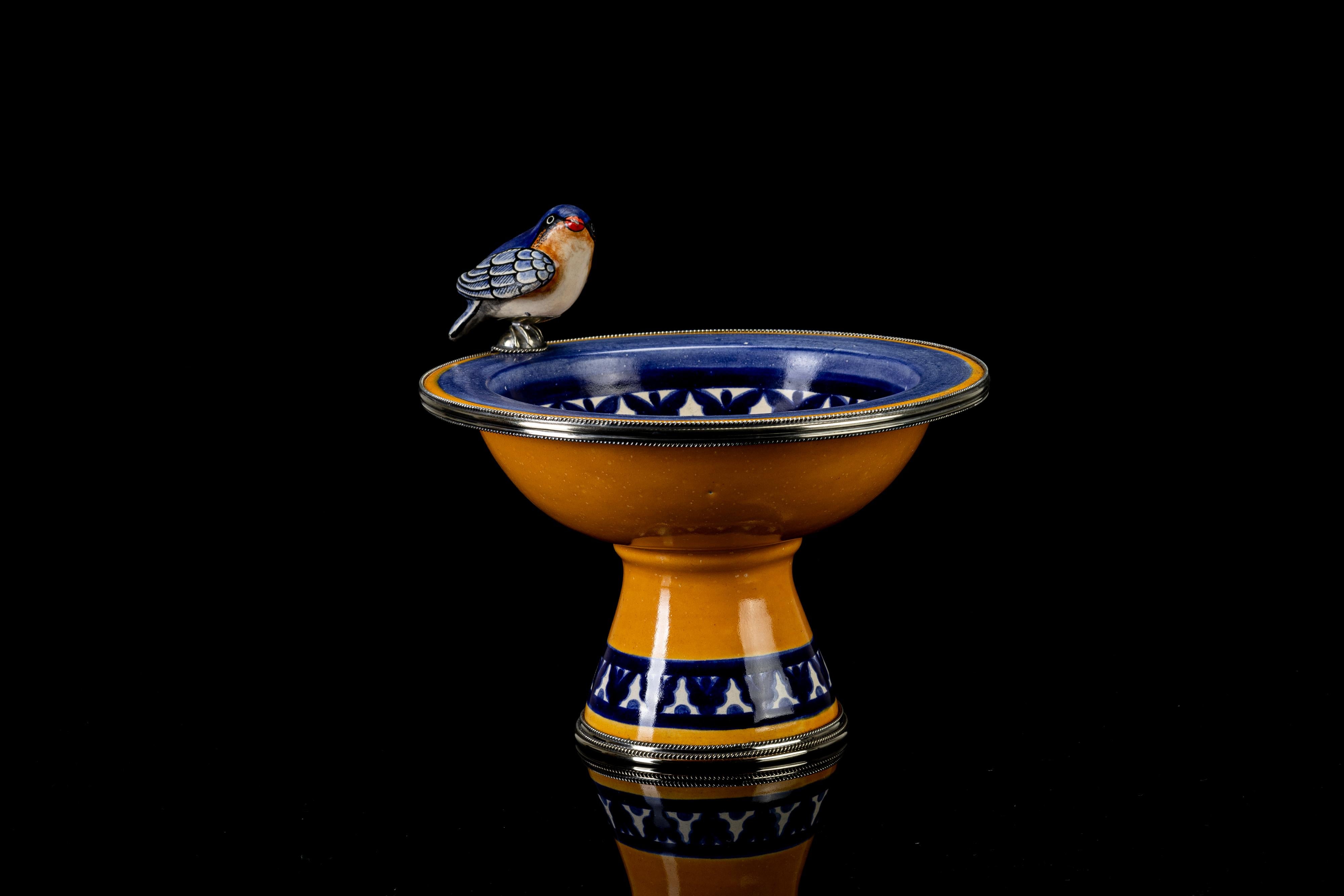 Baroque Revival Ceramic and White Metal 'Alpaca' Bird Bowl Centerpiece