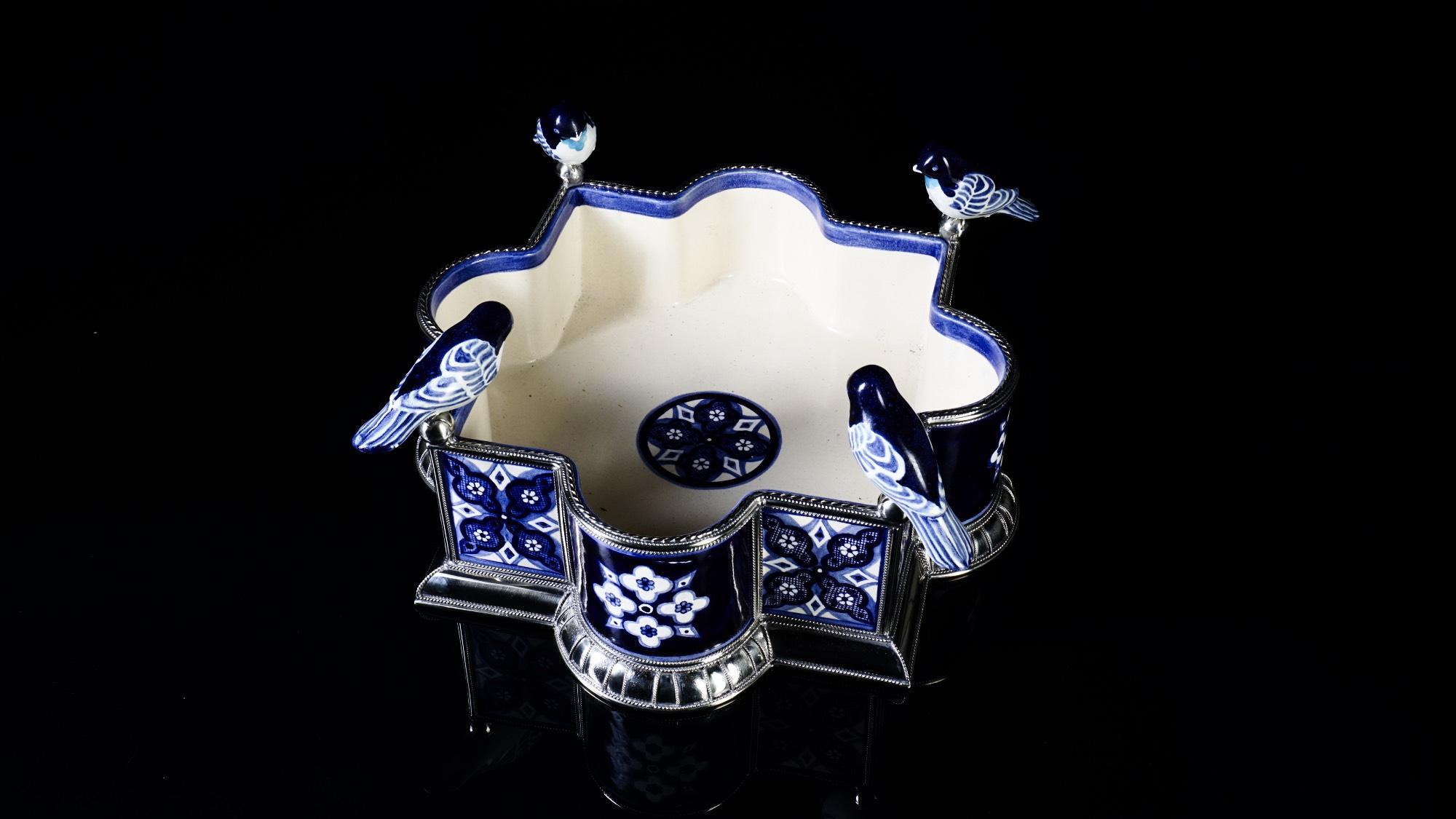 Mexican Ceramic and White Metal 'Alpaca' Bird Bowl Centerpiece