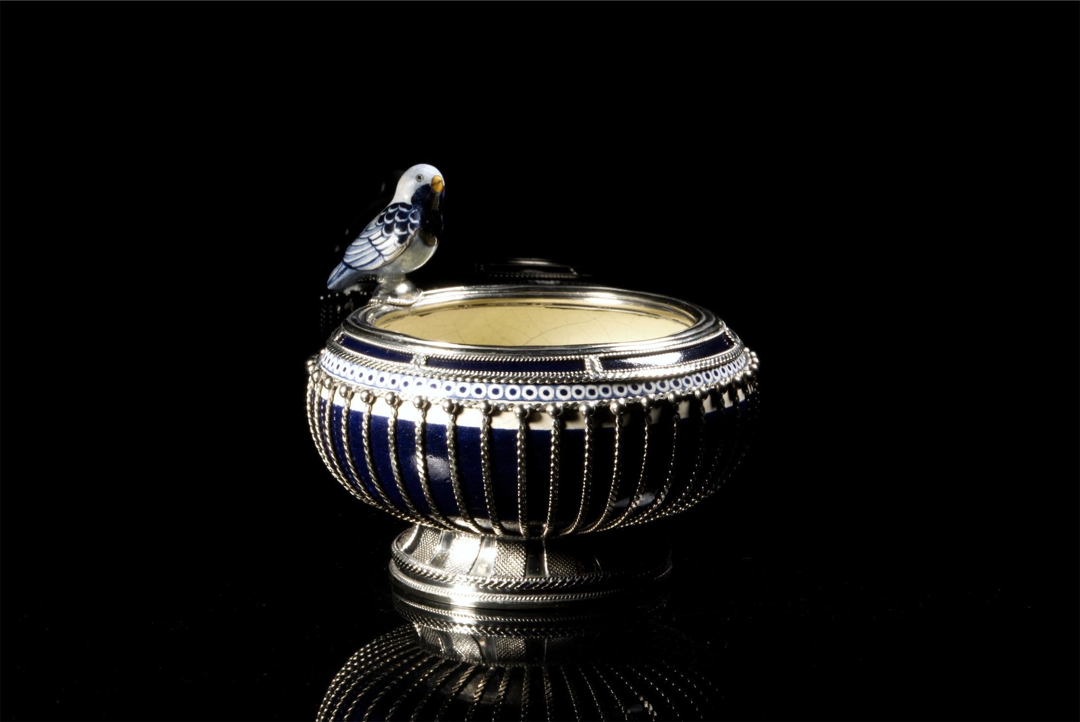 Mexican Ceramic and White Metal 'Alpaca' Bird Bowl Centerpiece