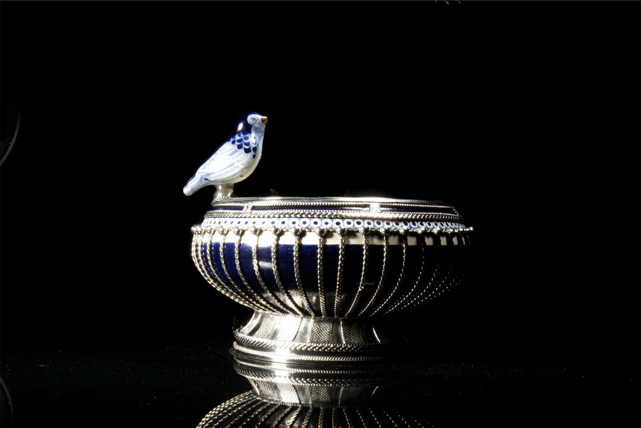 Mexican Ceramic and White Metal 'Alpaca' Bird Bowl Centerpiece