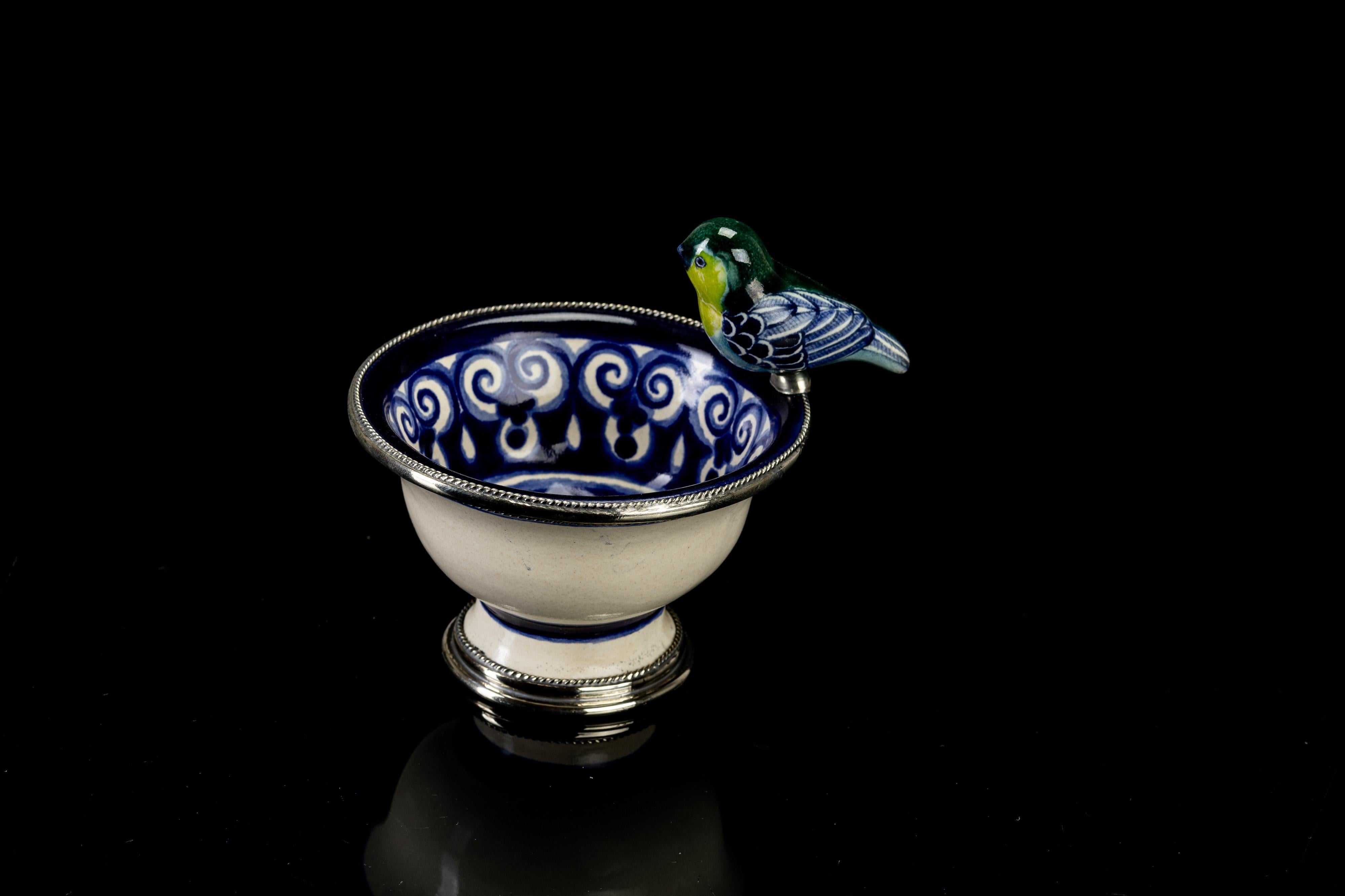 Mexican Ceramic and White Metal 'Alpaca' Bird Bowl Centerpiece