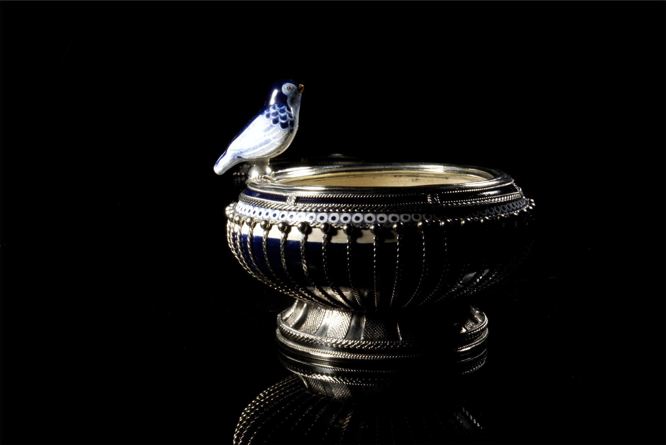 Metalwork Ceramic and White Metal 'Alpaca' Bird Bowl Centerpiece