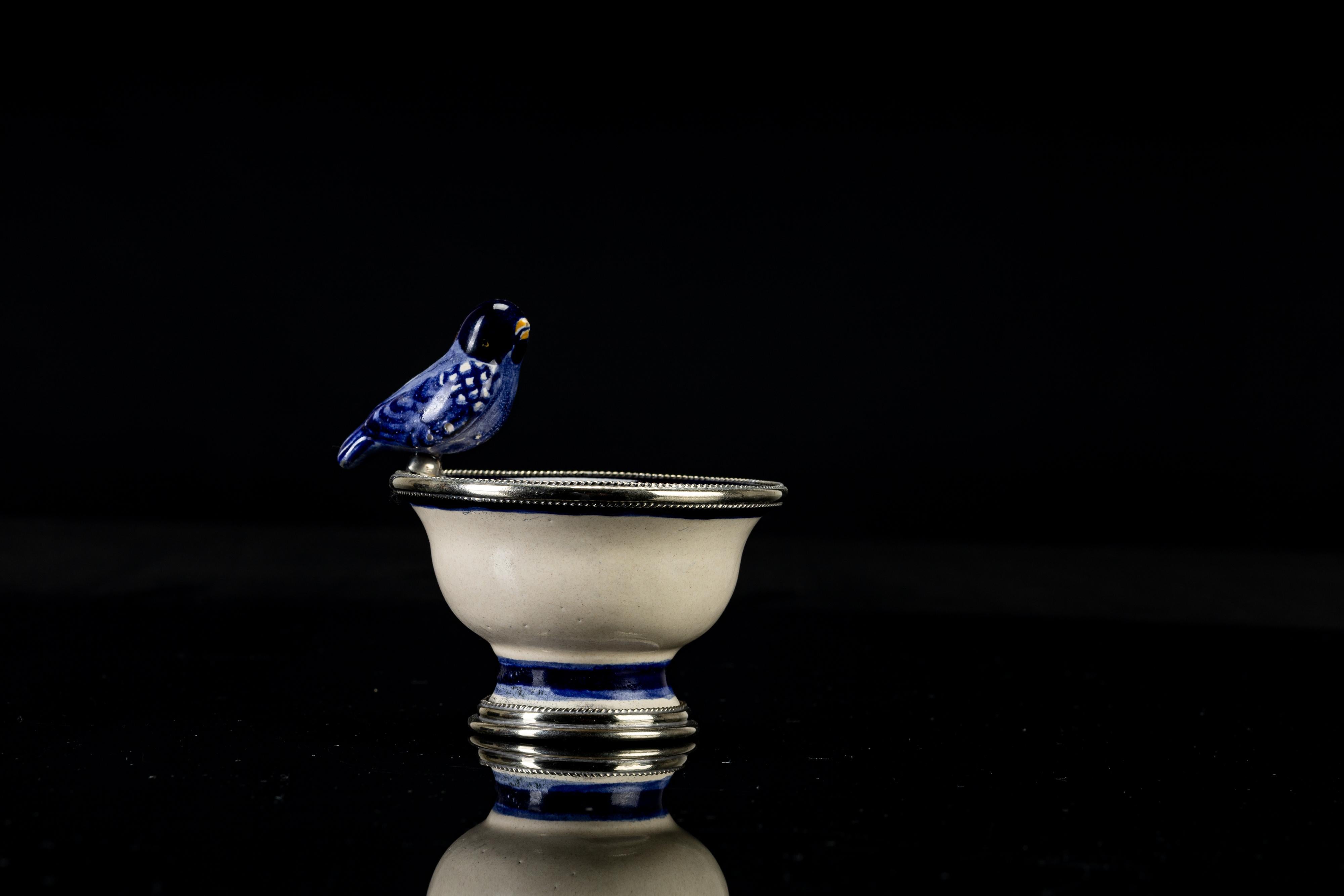 Metalwork Ceramic and White Metal 'Alpaca' Bird Bowl Centerpiece