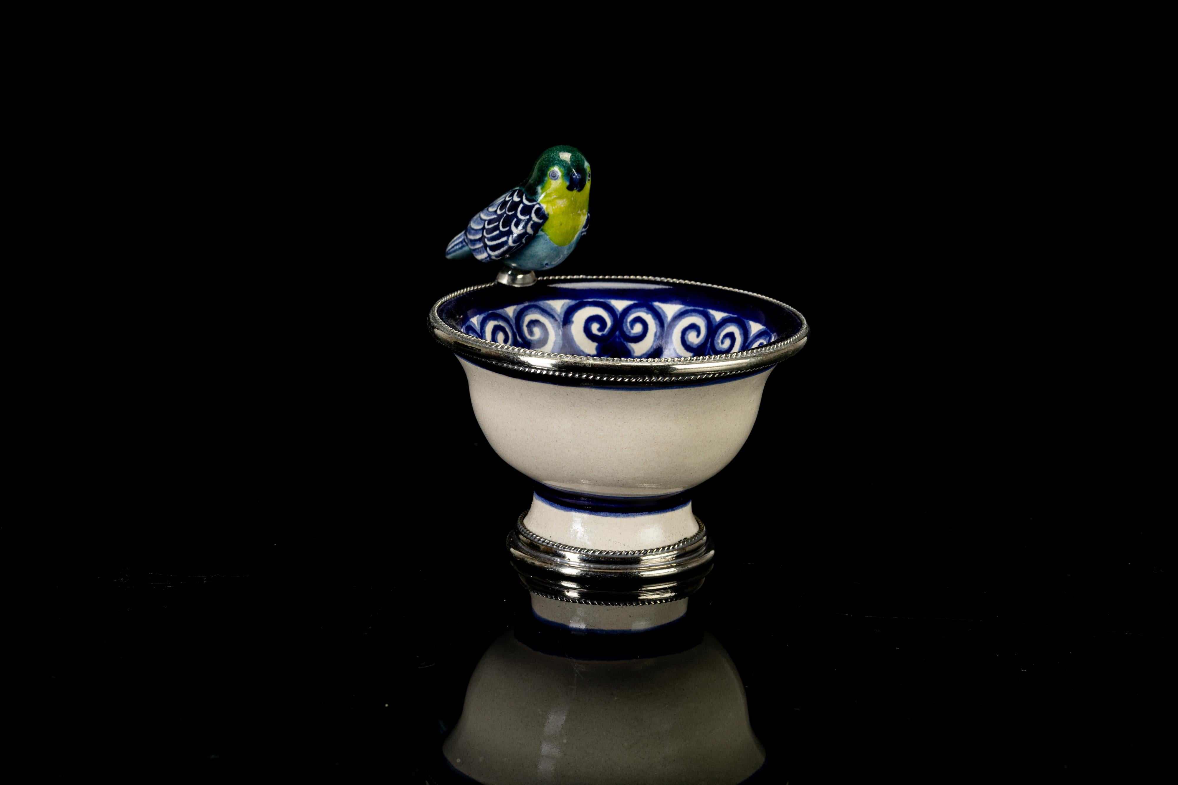 Metalwork Ceramic and White Metal 'Alpaca' Bird Bowl Centerpiece