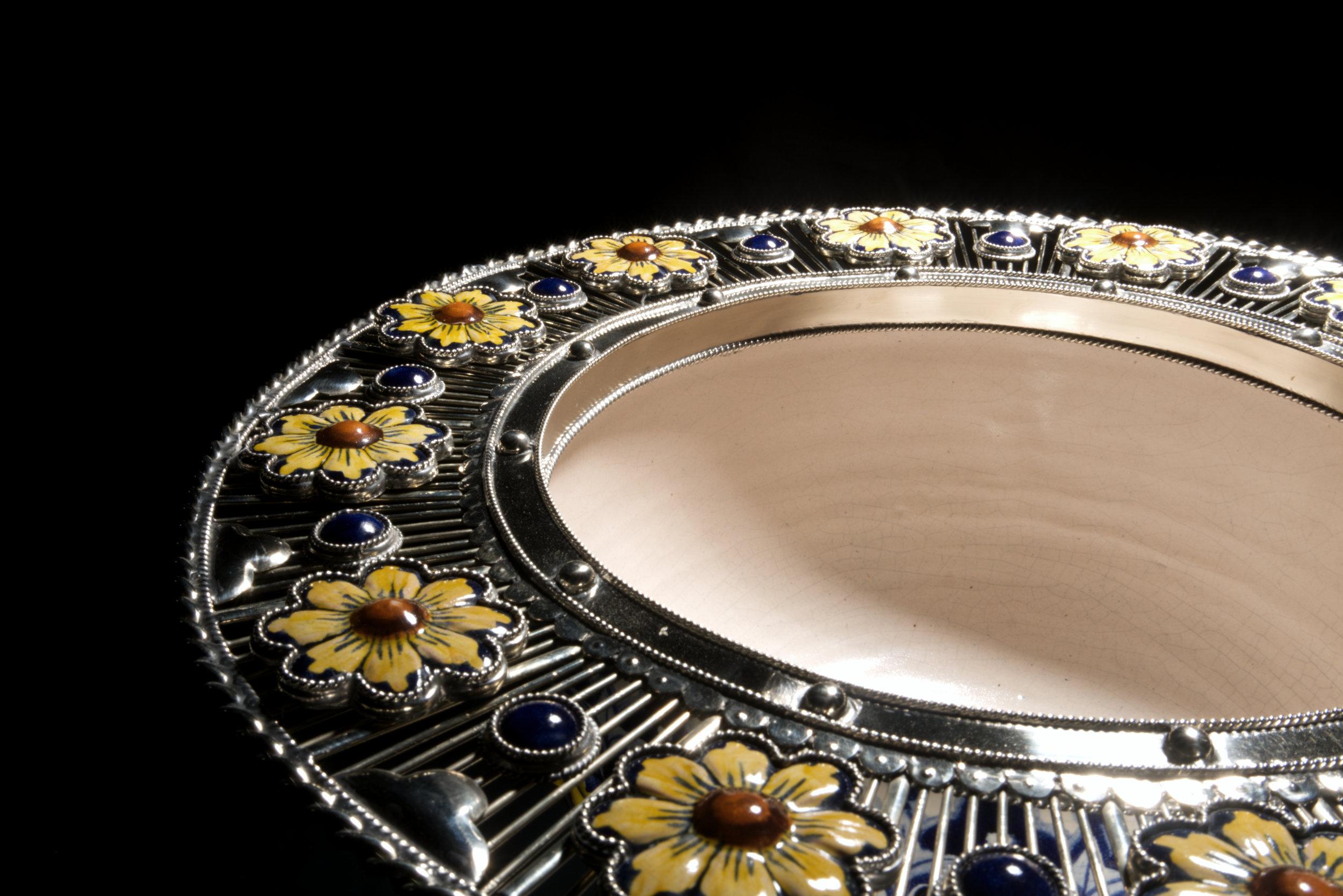 Contemporary Ceramic and White Metal 'Alpaca' flowers Bowl Centerpiece