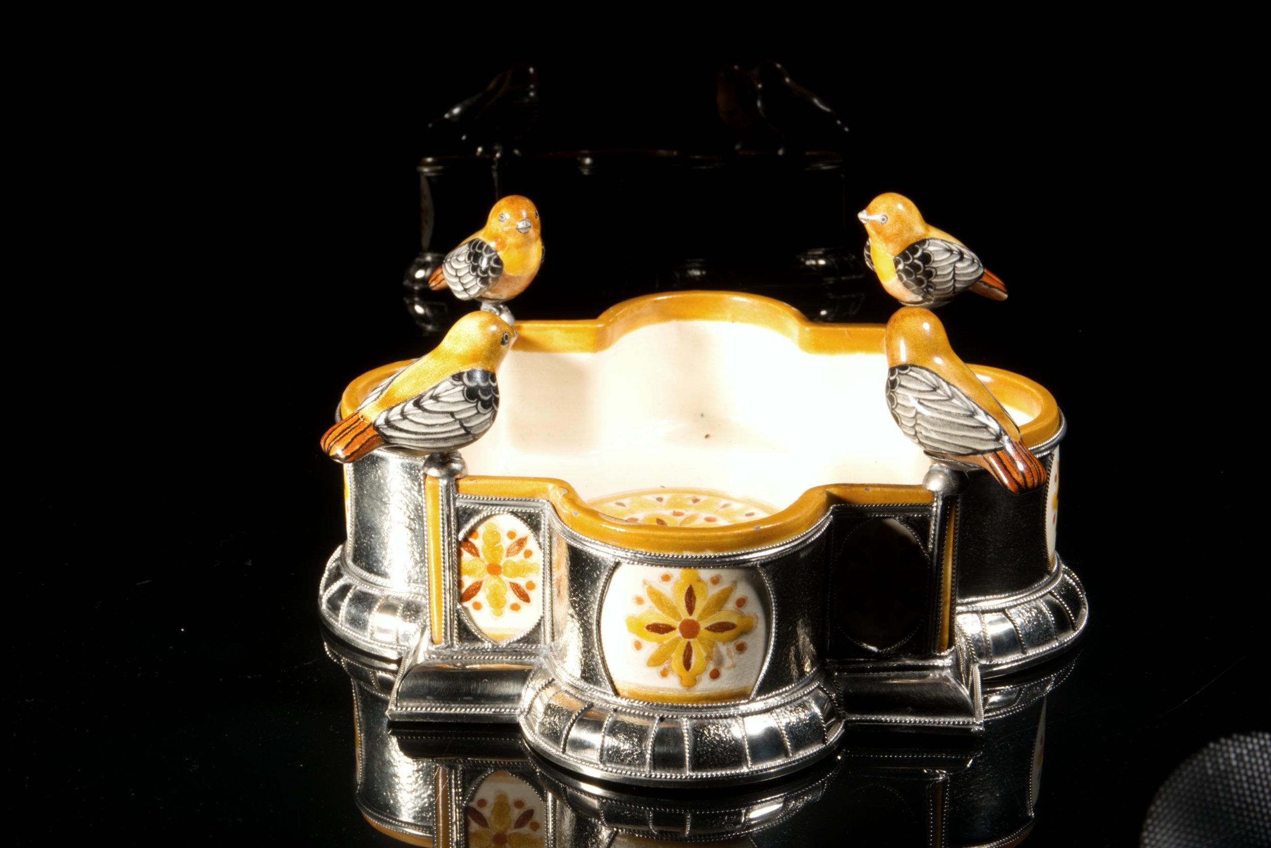 Ceramic and White Metal 'Alpaca' Bird Bowl Centerpiece In New Condition In Guadalajara, Jalisco