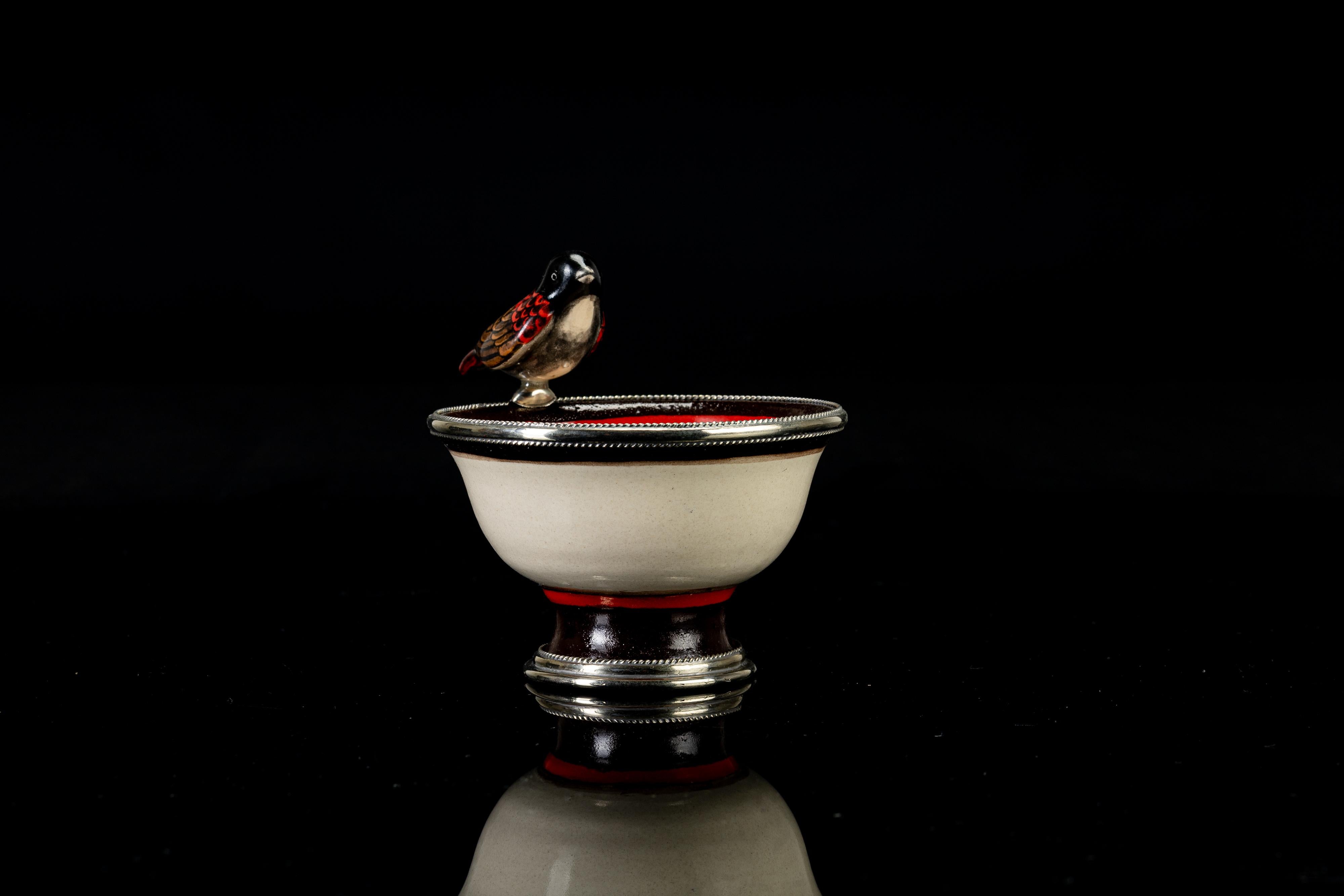 Ceramic and White Metal 'Alpaca' Bird Bowl Centerpiece In New Condition In Guadalajara, Jalisco