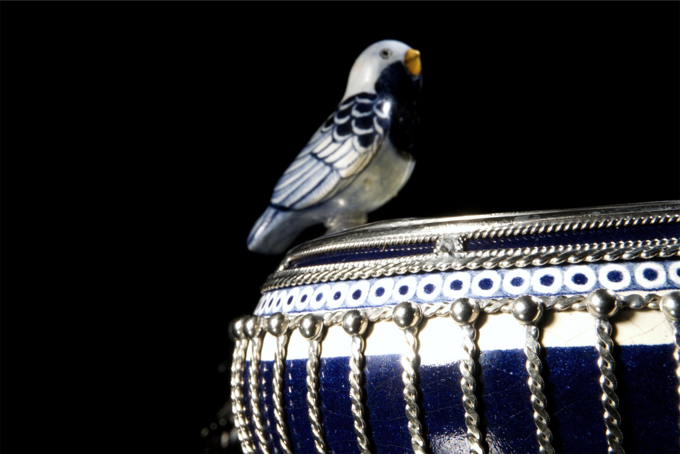 Contemporary Ceramic and White Metal 'Alpaca' Bird Bowl Centerpiece