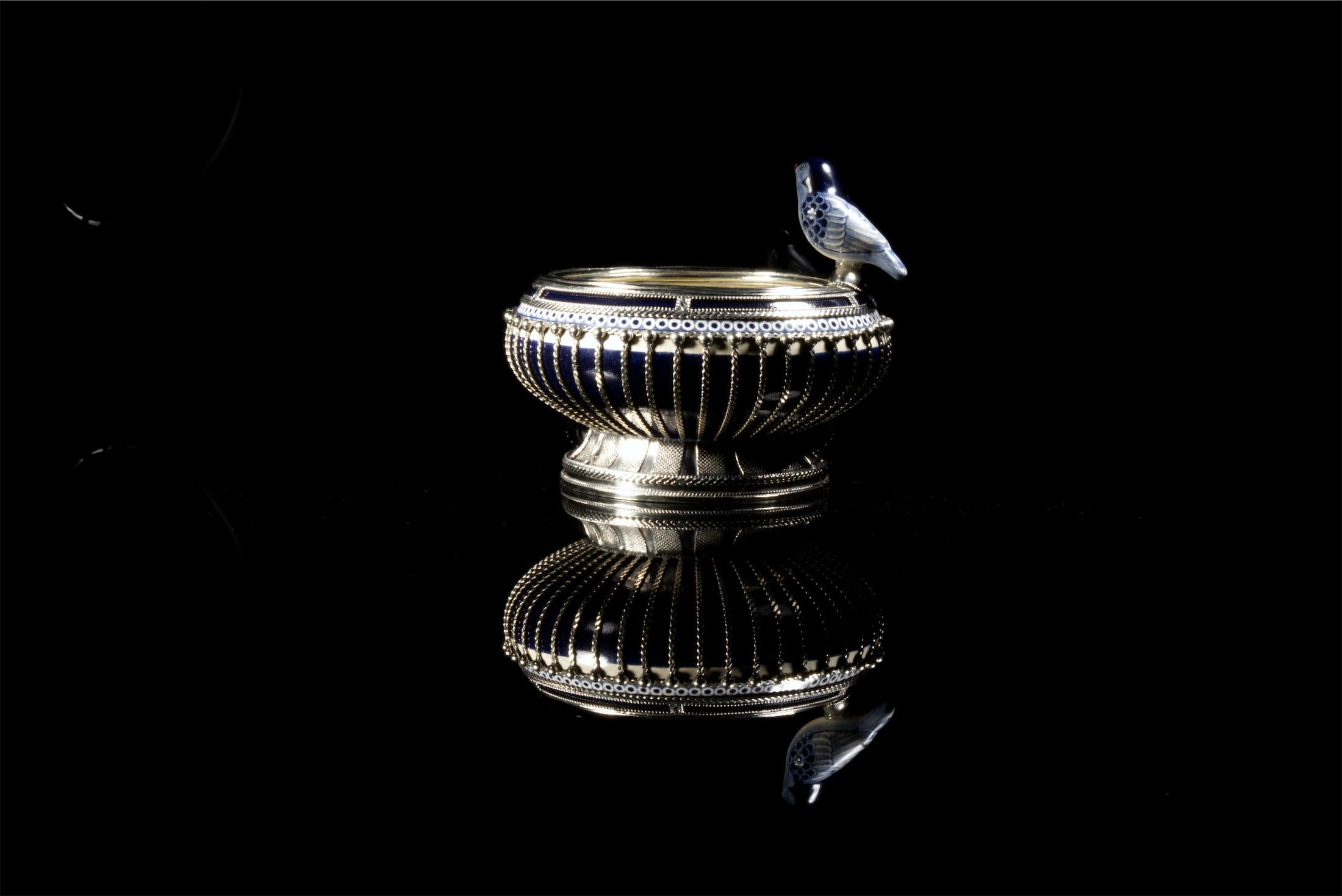 Contemporary Ceramic and White Metal 'Alpaca' Bird Bowl Centerpiece