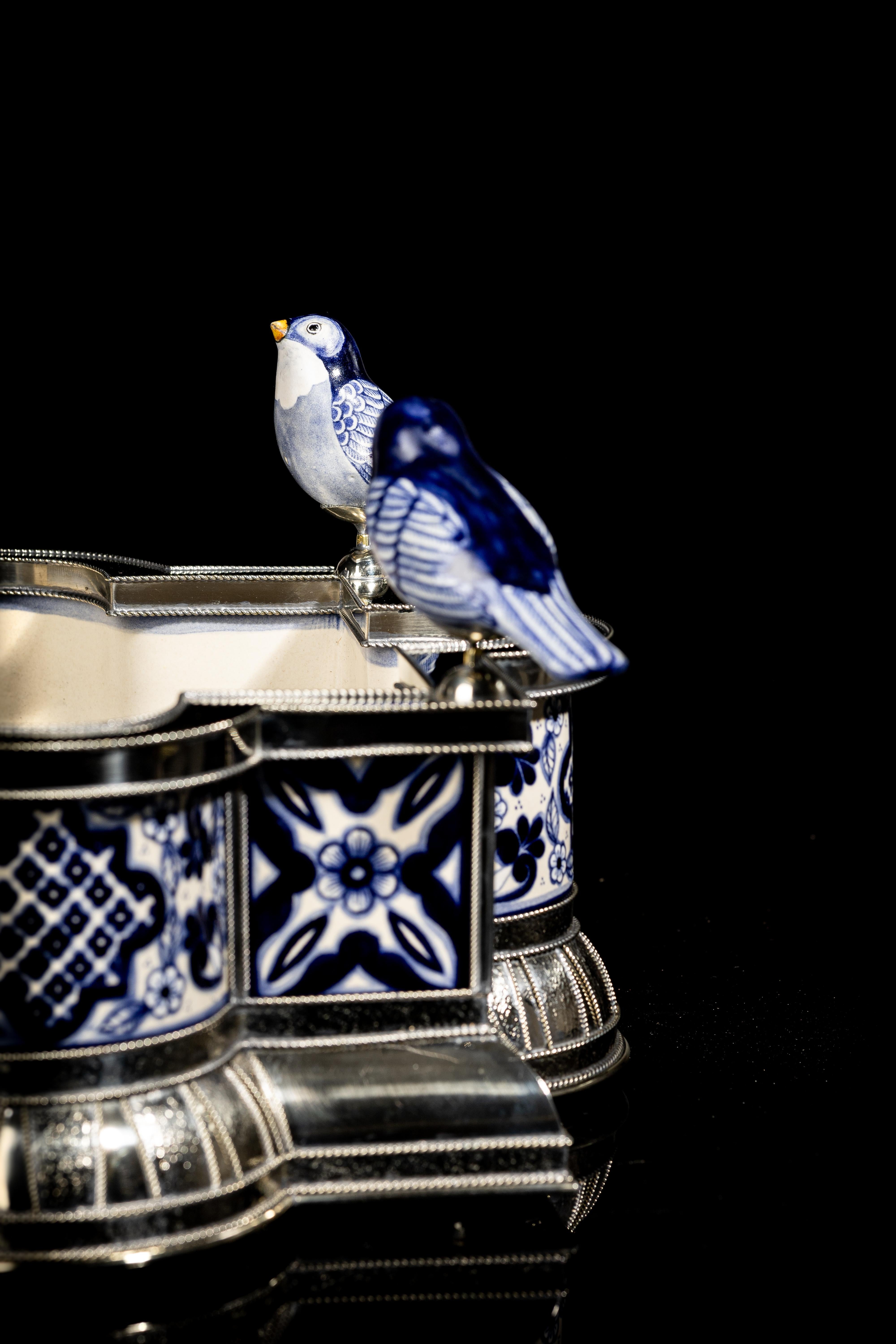 Contemporary Ceramic and White Metal 'Alpaca' Bird Bowl Centerpiece