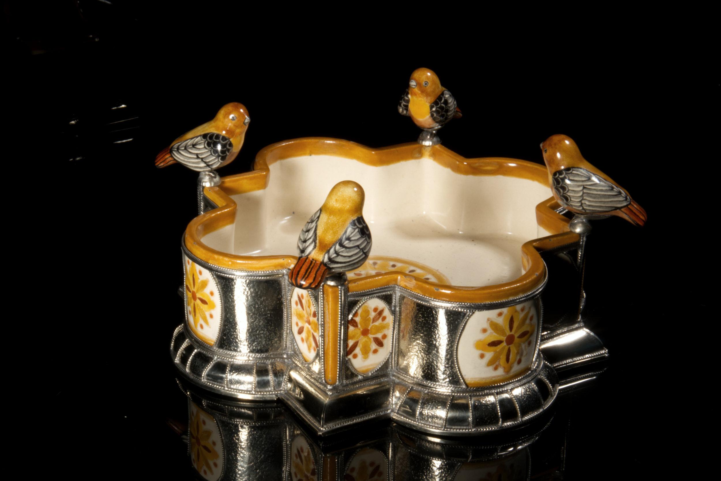 Ceramic and White Metal 'Alpaca' Bird Bowl Centerpiece 1
