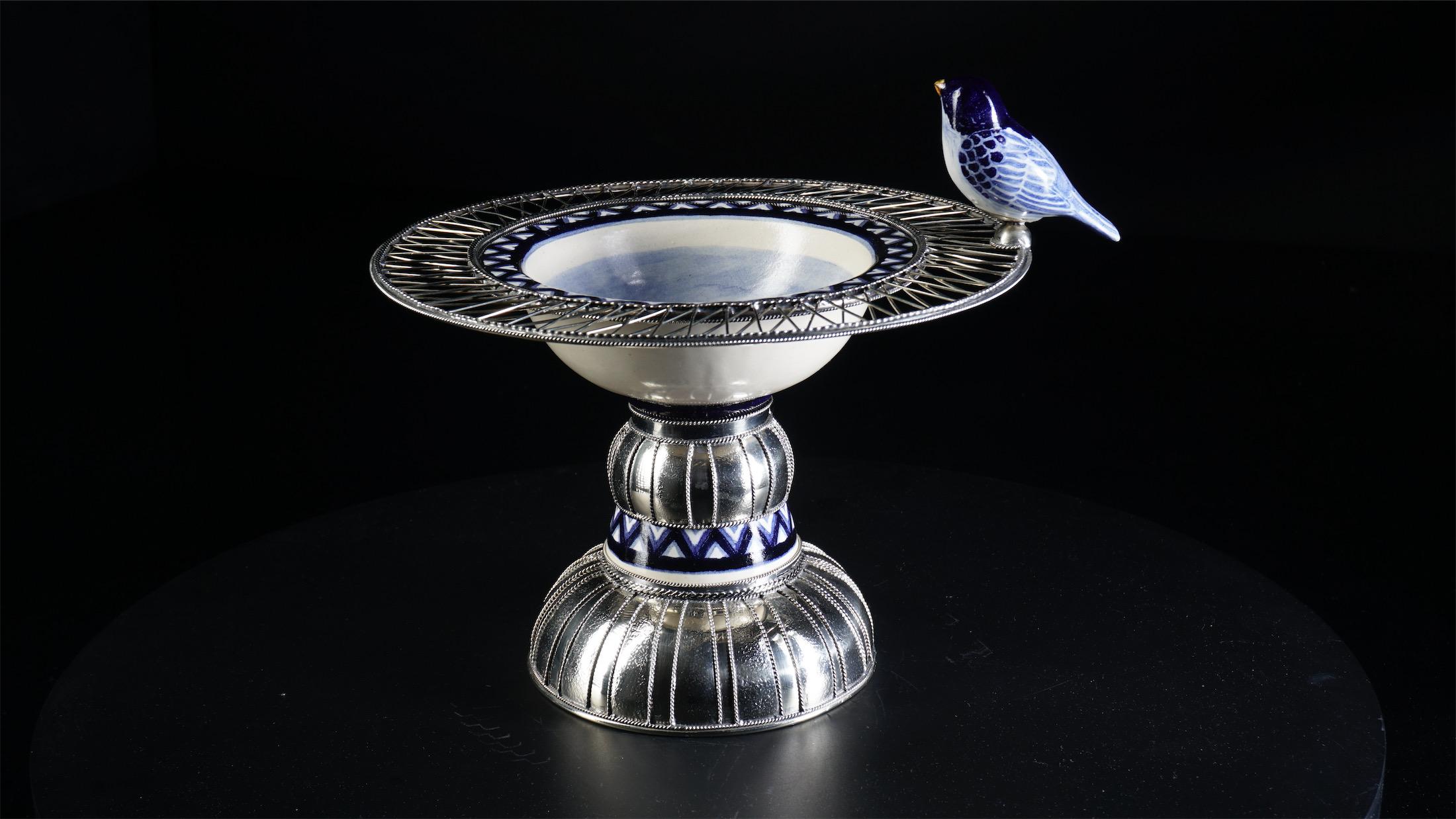 Ceramic and White Metal 'Alpaca' Bird Bowl Centerpiece 1