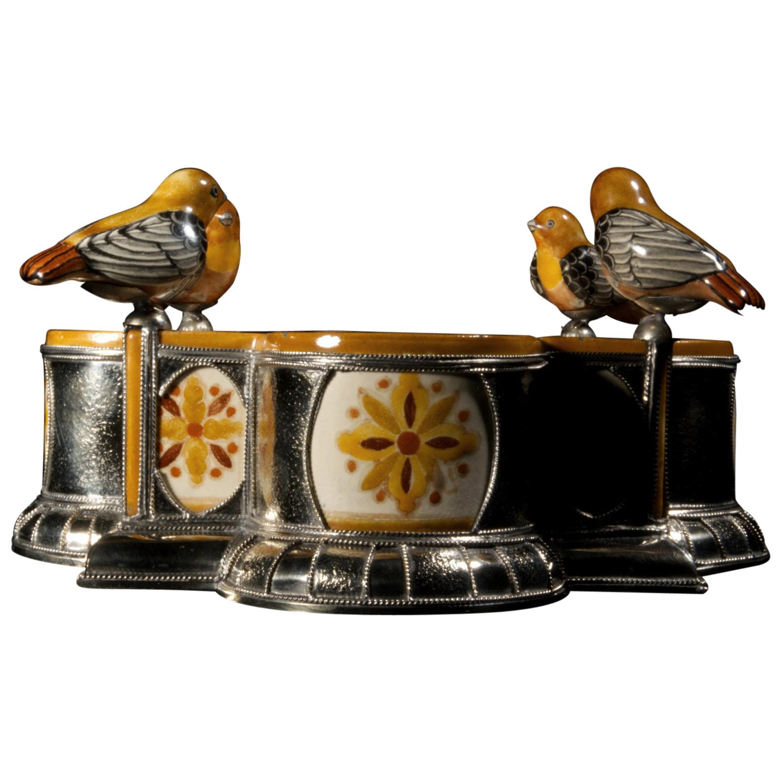 Ceramic and White Metal 'Alpaca' Bird Bowl Centerpiece