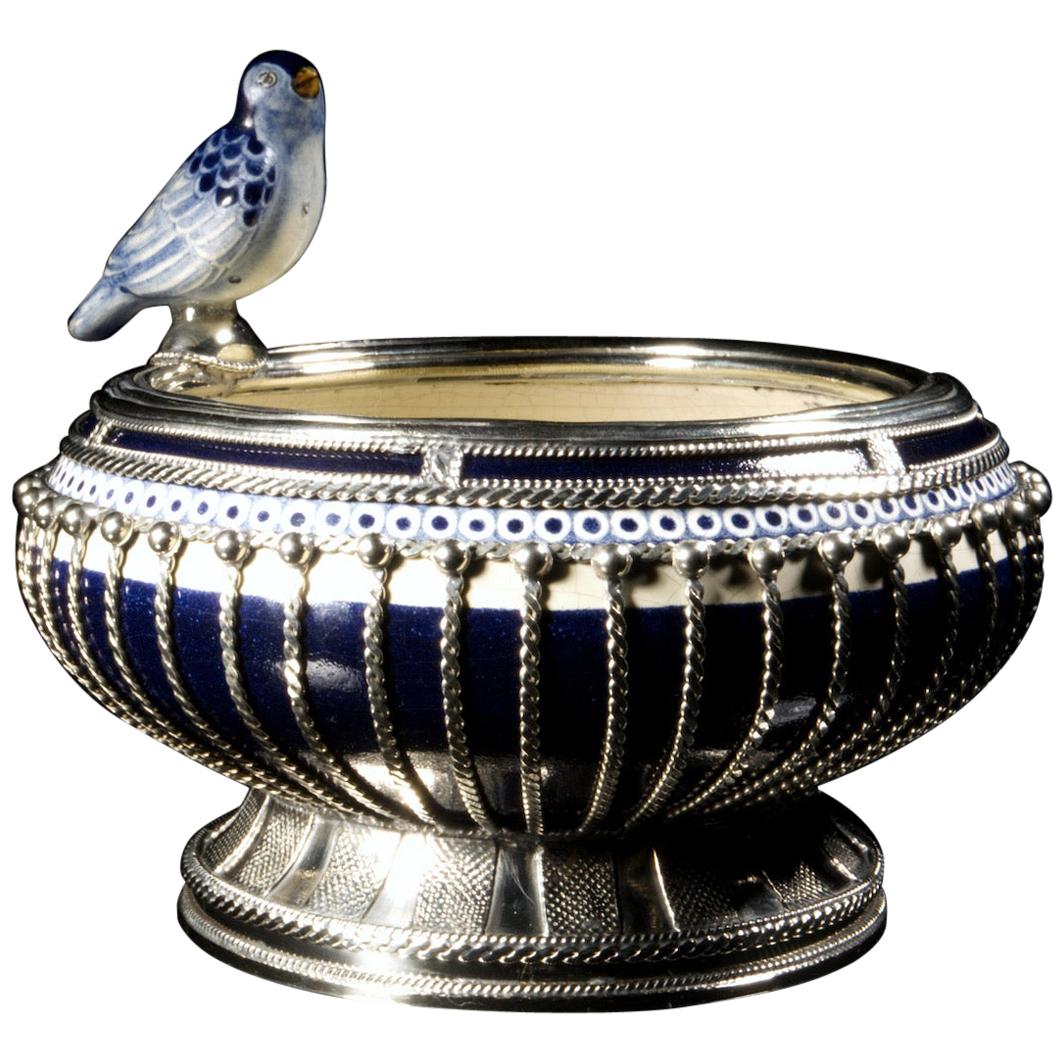 Ceramic and White Metal 'Alpaca' Bird Bowl Centerpiece