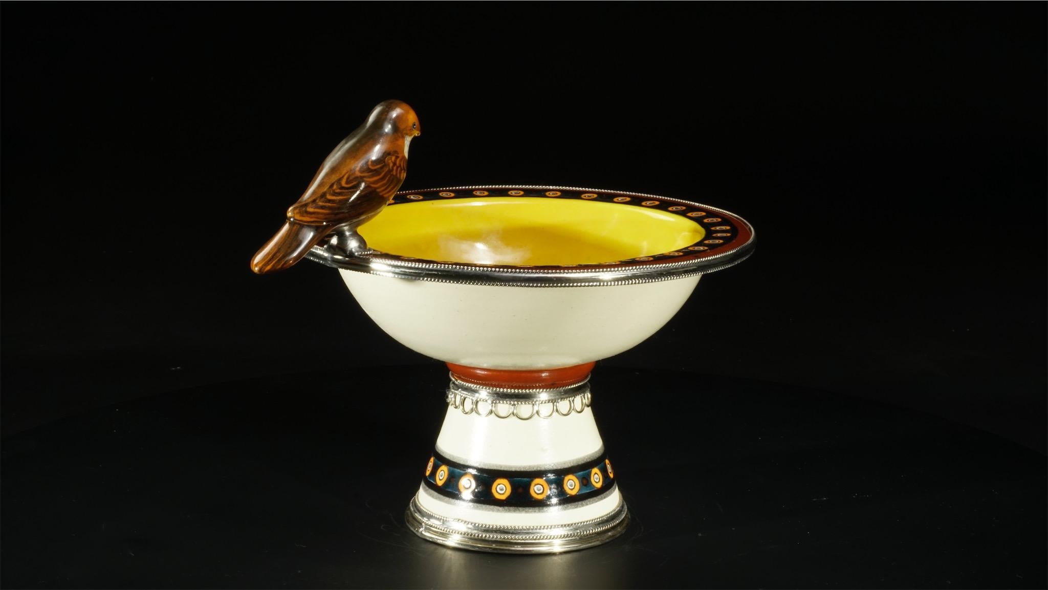 Baroque Revival Ceramic and White Metal 'Alpaca' Bird Bowl Centrepiece