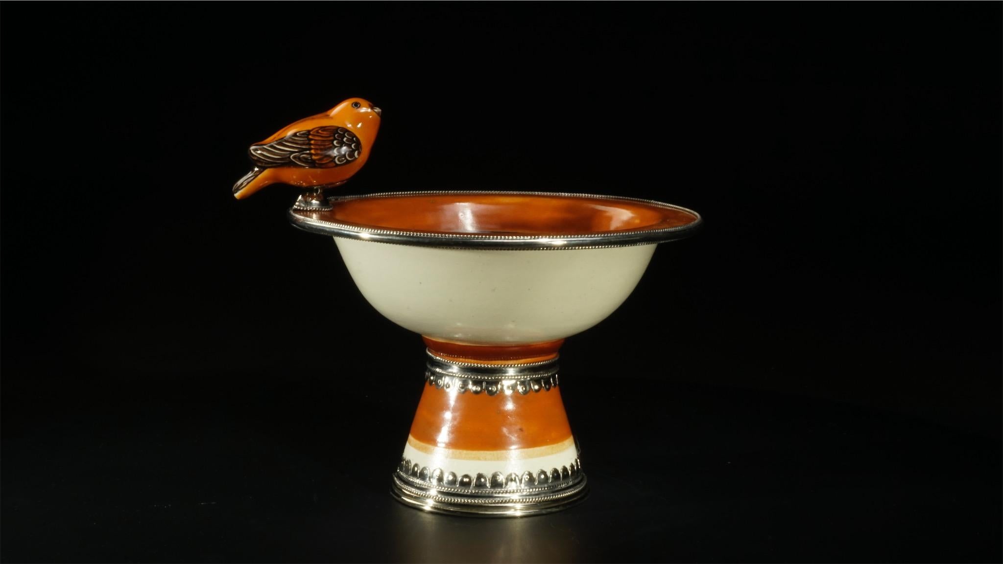 Baroque Revival Ceramic and White Metal 'Alpaca' Bird Bowl Centrepiece