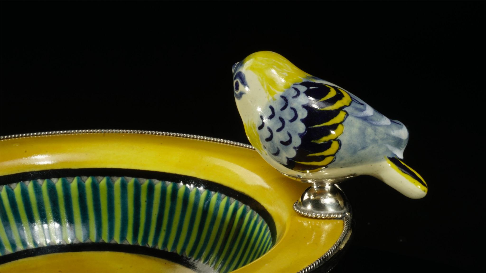 Baroque Revival Ceramic and White Metal 'Alpaca' Bird Bowl Centrepiece