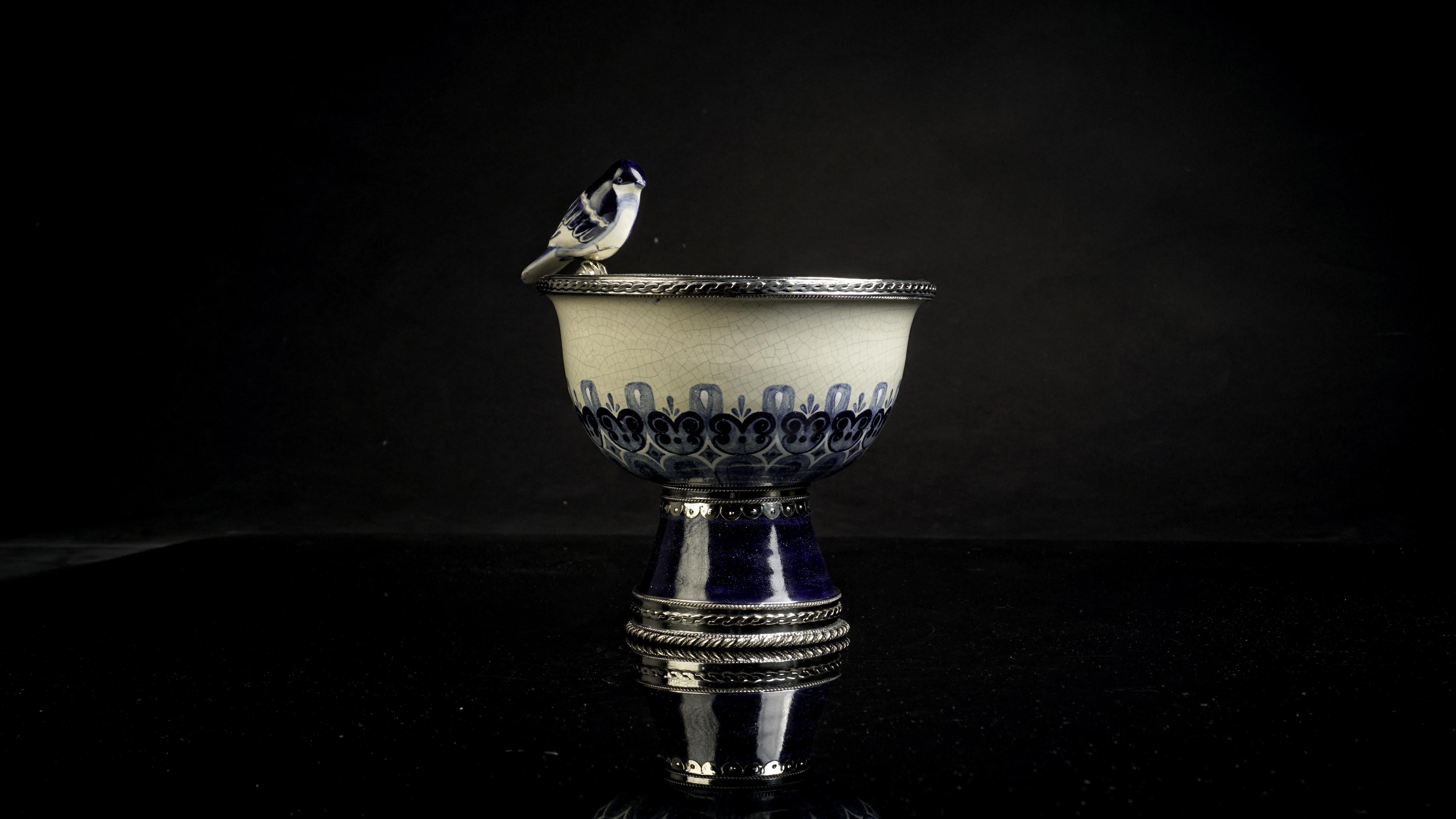 Baroque Revival Ceramic and White Metal 'Alpaca' Bird Bowl Centrepiece