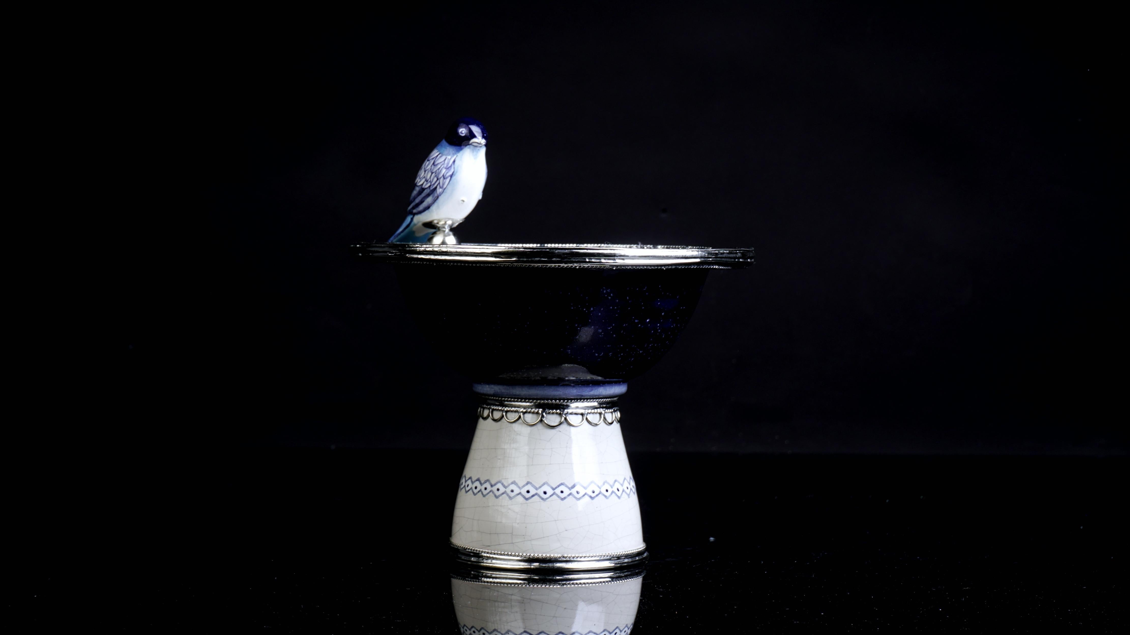 Mexican Ceramic and White Metal 'Alpaca' Bird Bowl Centrepiece