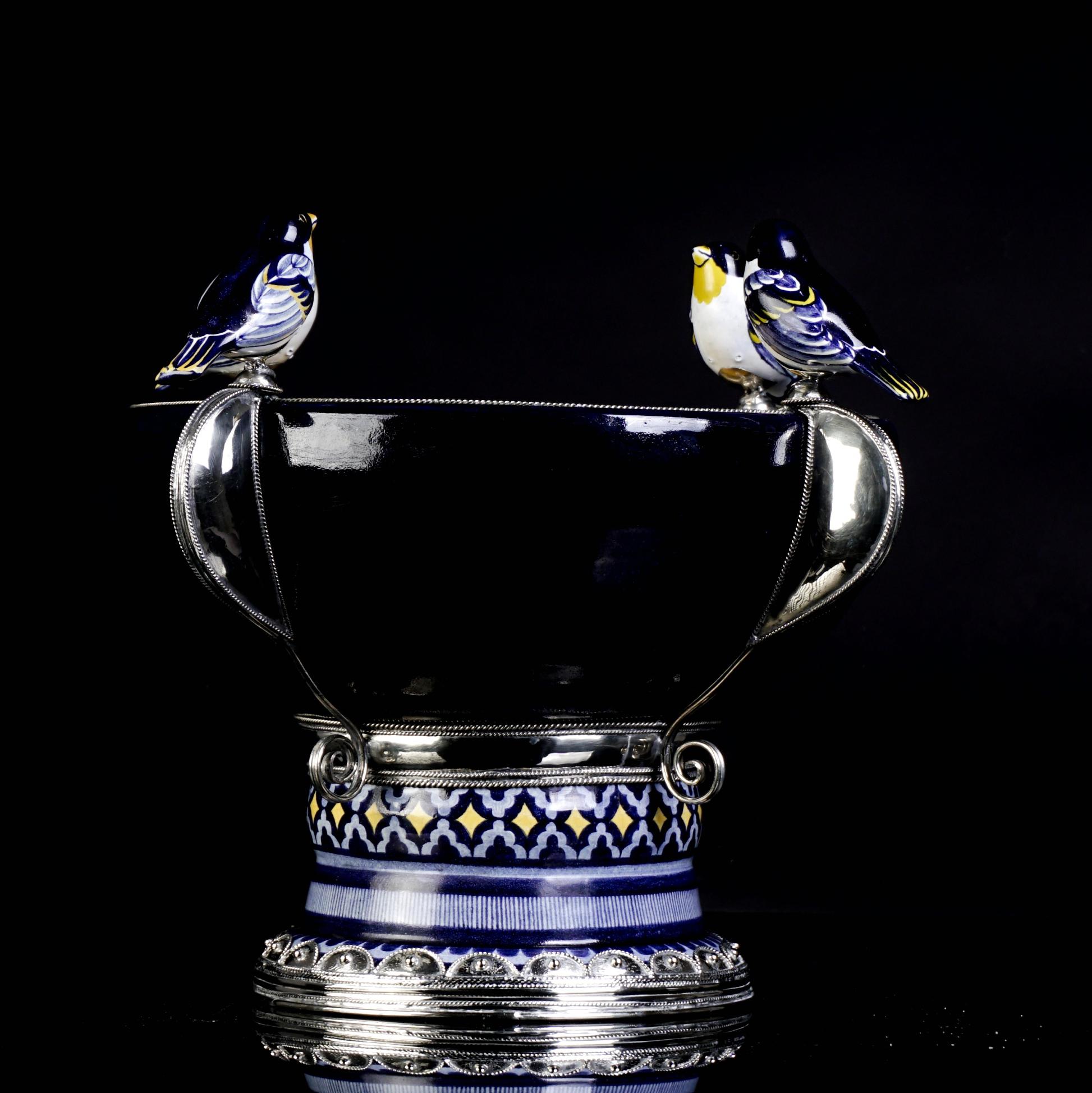 Baroque Revival Ceramic and White Metal 'Alpaca' Bird Bowl Centrepiece