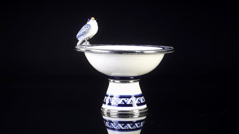 Mexican Ceramic and White Metal 'Alpaca' Bird Bowl Centrepiece For Sale