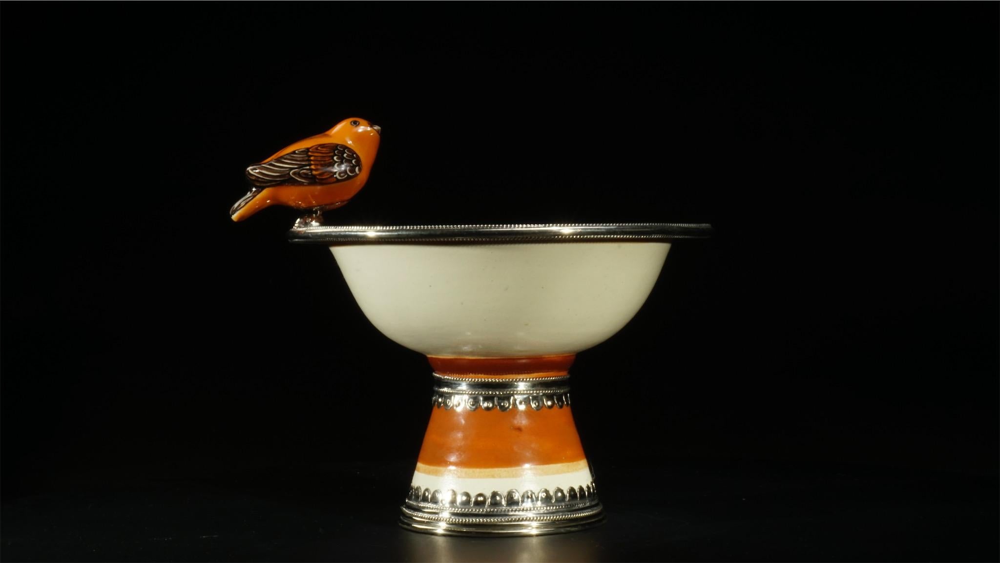 Mexican Ceramic and White Metal 'Alpaca' Bird Bowl Centrepiece