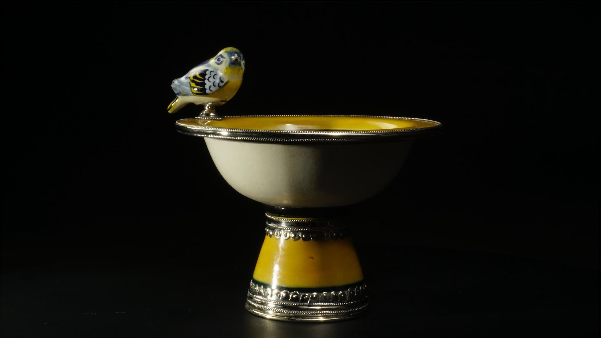 Mexican Ceramic and White Metal 'Alpaca' Bird Bowl Centrepiece